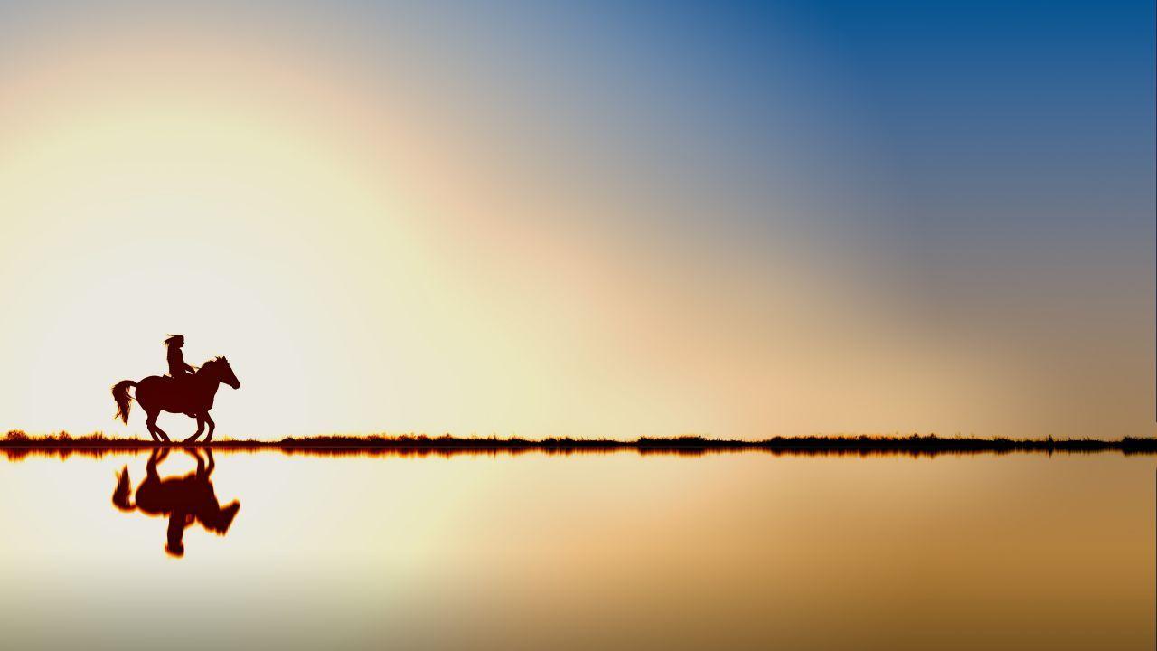 1280x720 Wallpaper Sunset, Silhouette, Horse, Woman, Reflections