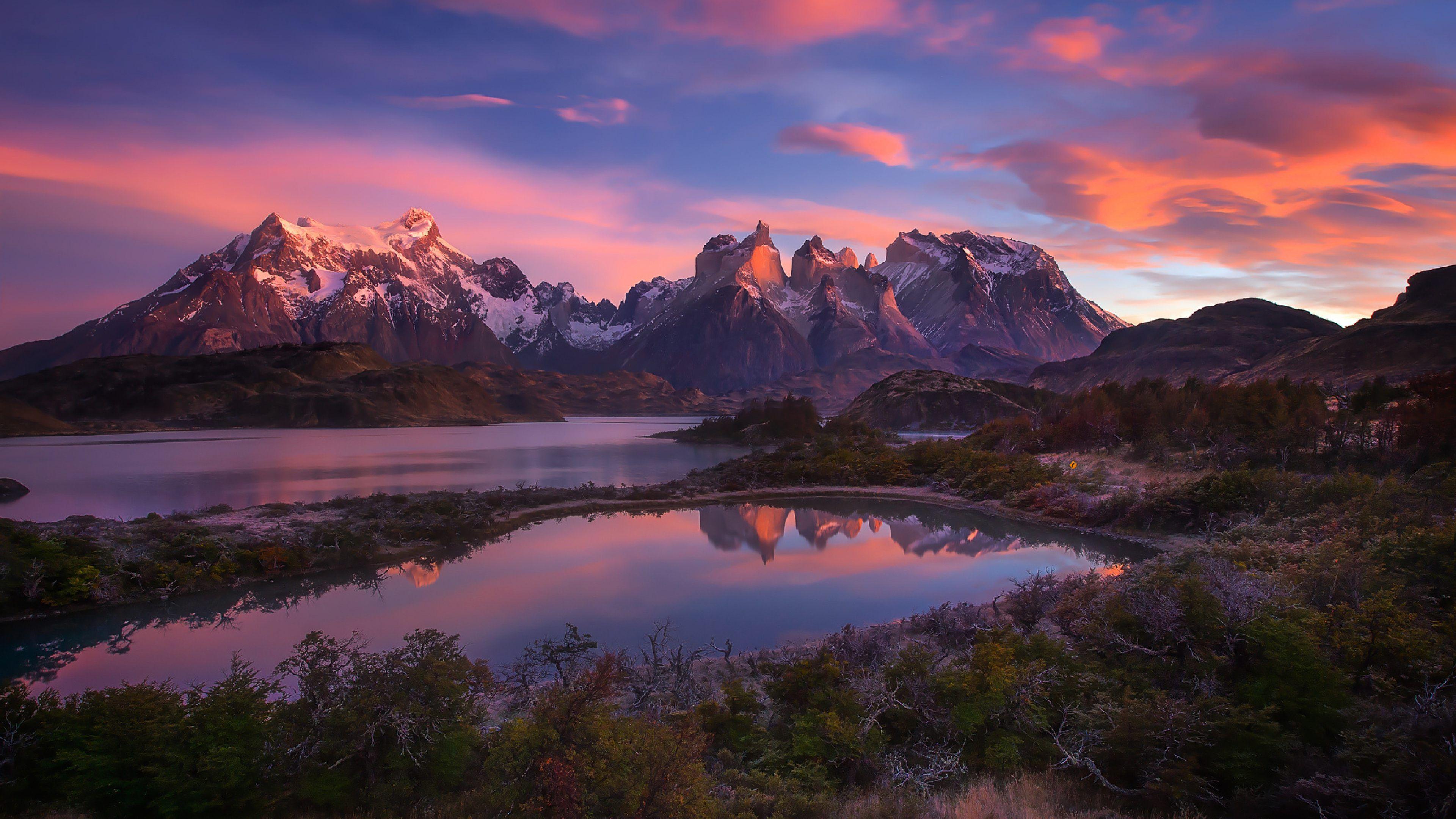 3840x2160 Large Mountain Lake Sunset Wallpaper at