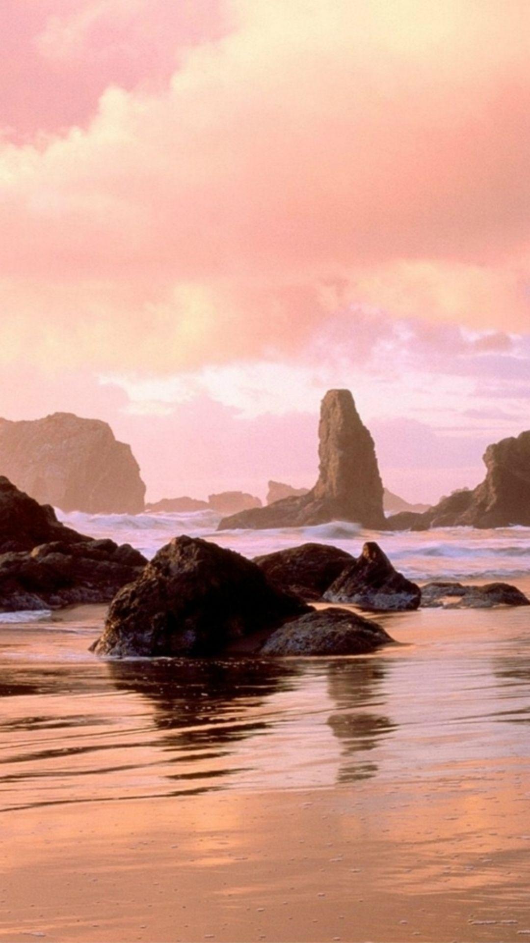 1080x1920 Pink Rock Ocean Sunset Landscape iPhone 8 Wallpaper Free