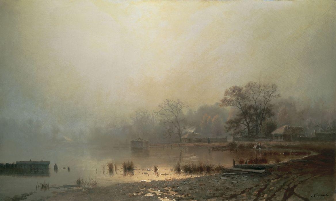 1168x700 Pond mist a village art artwork painting rustic vintage lake