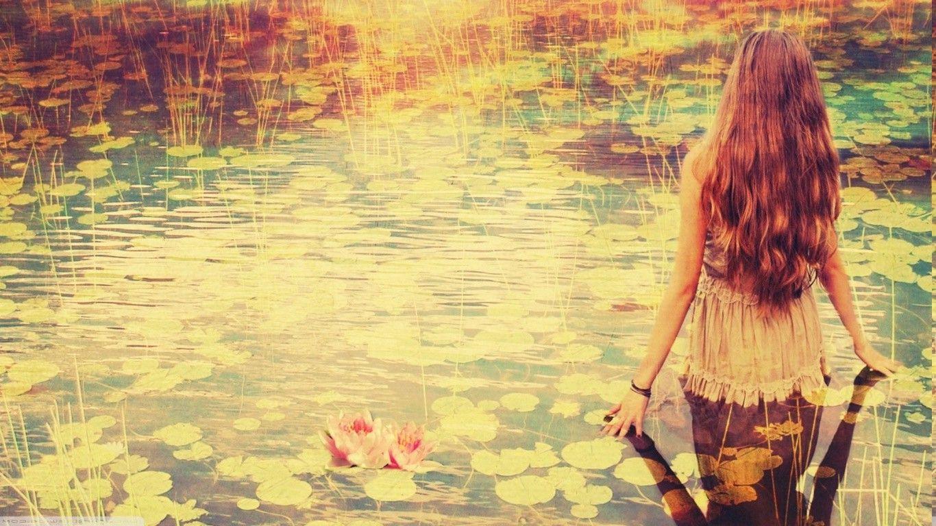 1366x768 nature, Water Lilies, Vintage, Women, Filter, Brunette, Long
