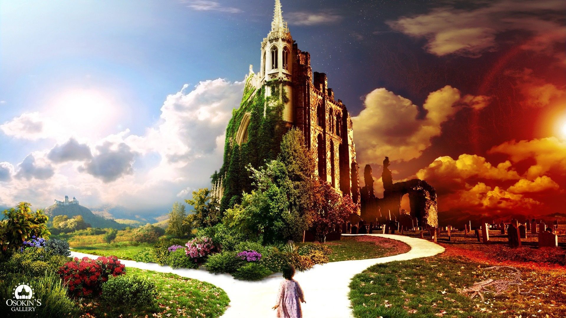 1920x1080 castle, path, digital art, building