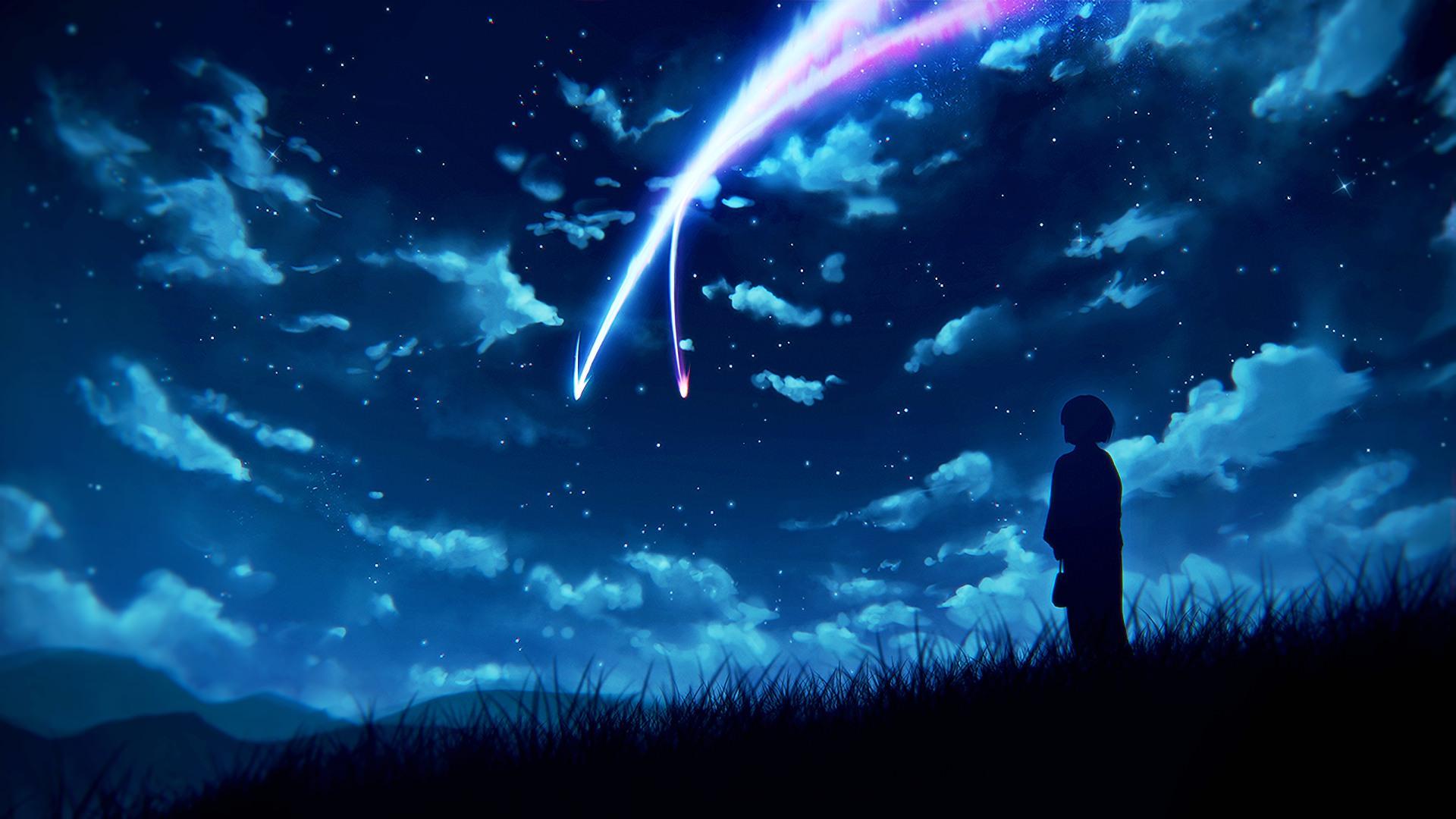 1920x1080 Bầu trời đêm Phong cảnh Mây sao Anime. Hình nền