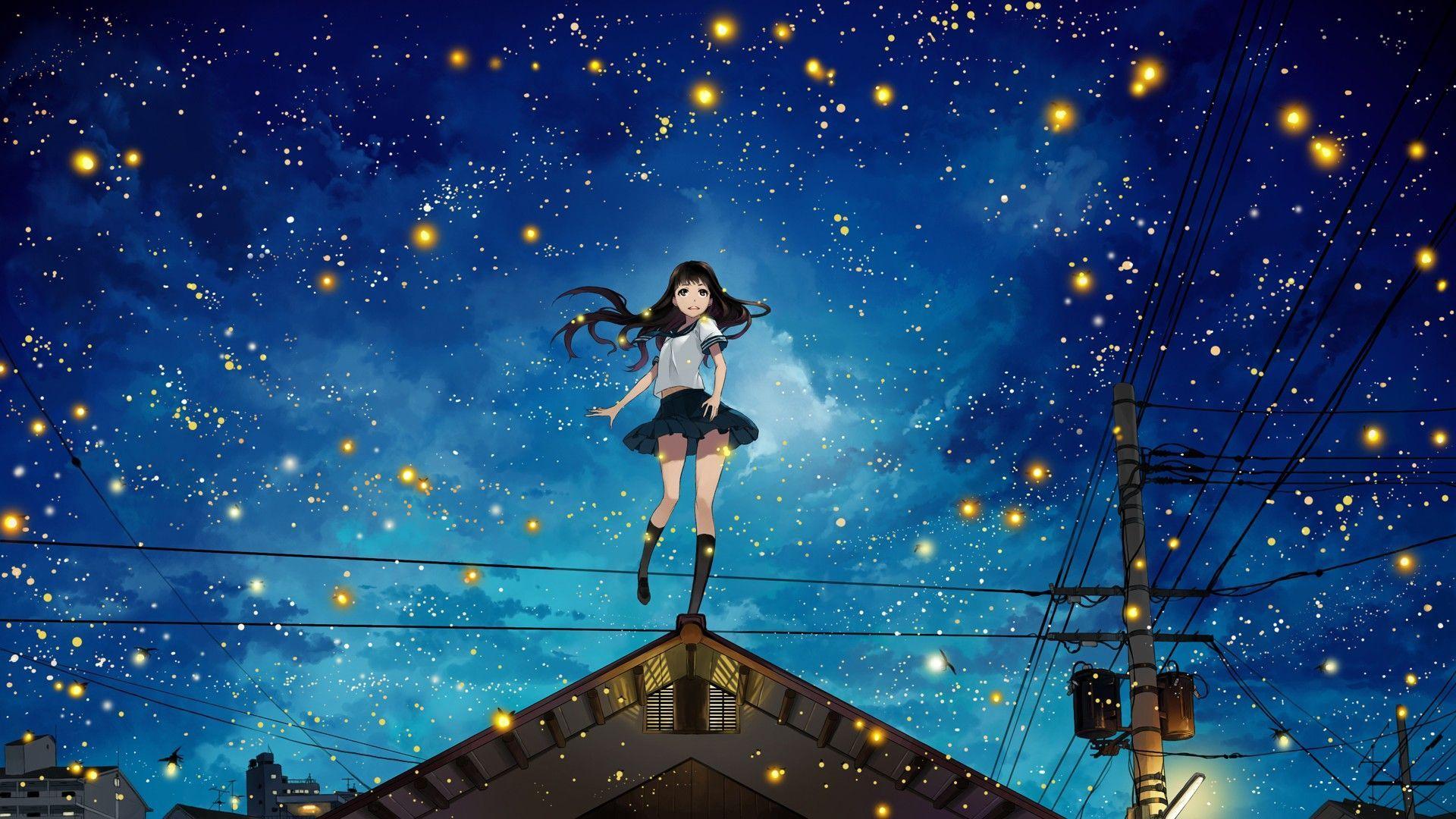 Anime Girl Night Sky Wallpaper gambar ke 2