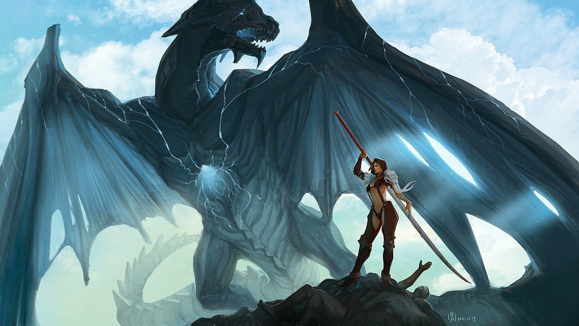 1920x1080 Woman and Dragon Wallpaper