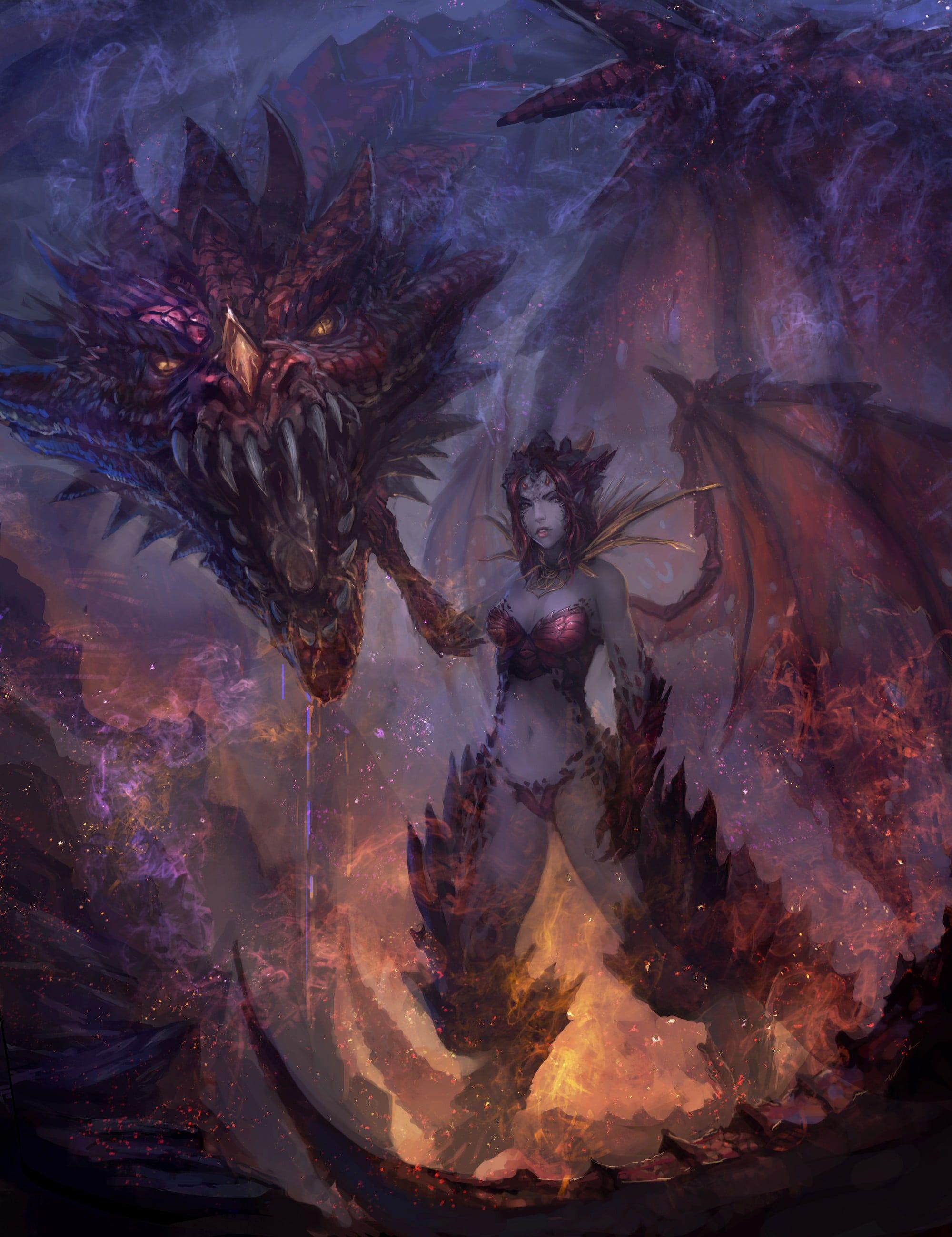 2000x2600 Female warrior and dragon wallpaper, fantasy art HD