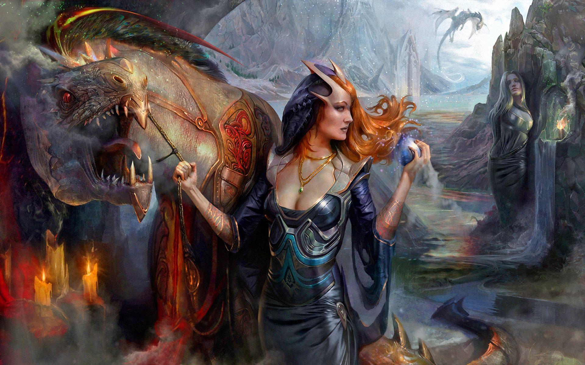 1920x1200 dark, magic, women, redhead, fantasy, dragon wallpaper