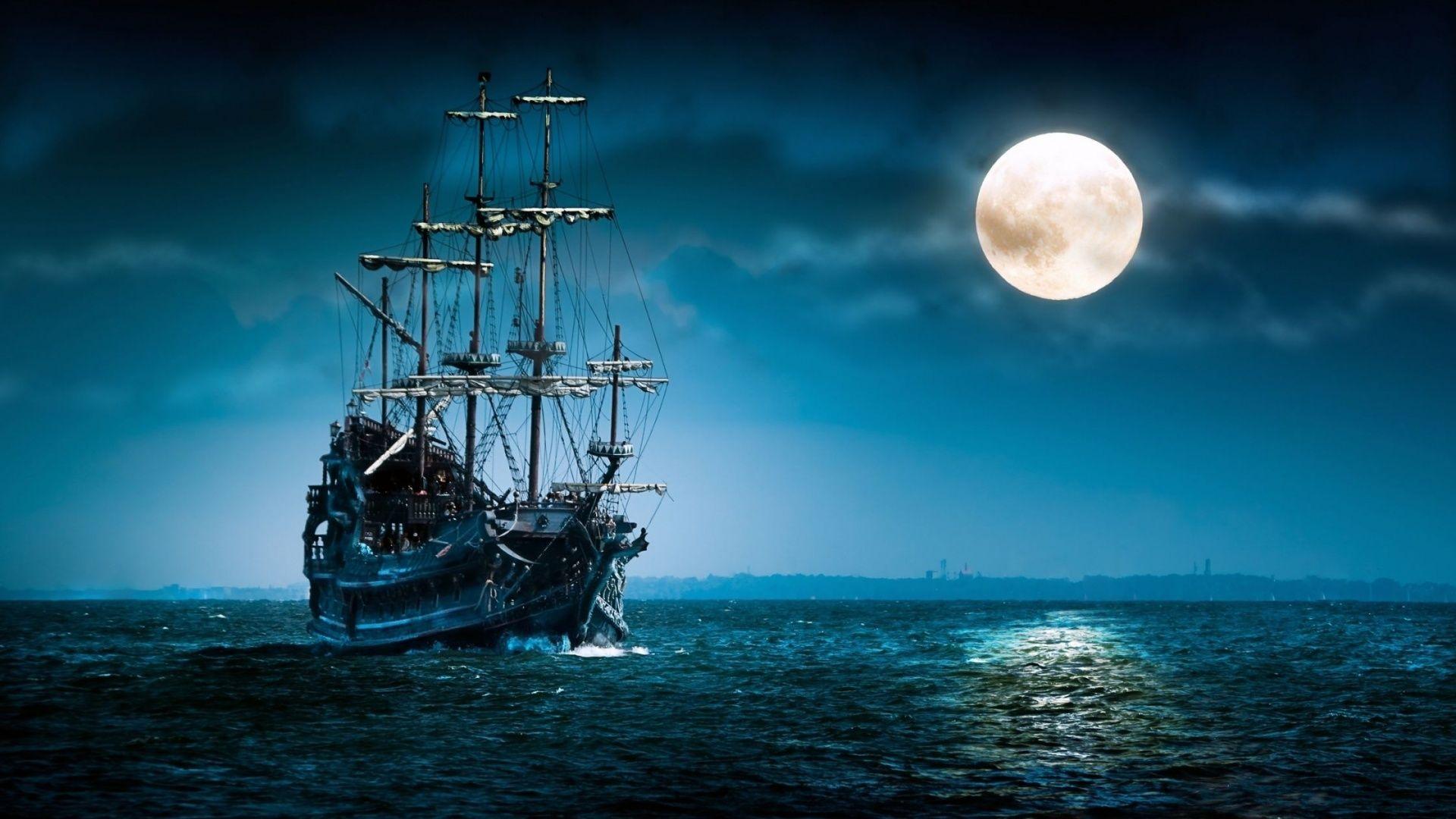 1920x1080 Thuyền buồm Biển Mặt trăng Tàu Thuyền Đại dương Đêm Tâm trạng Mặt trăng Hình nền HD
