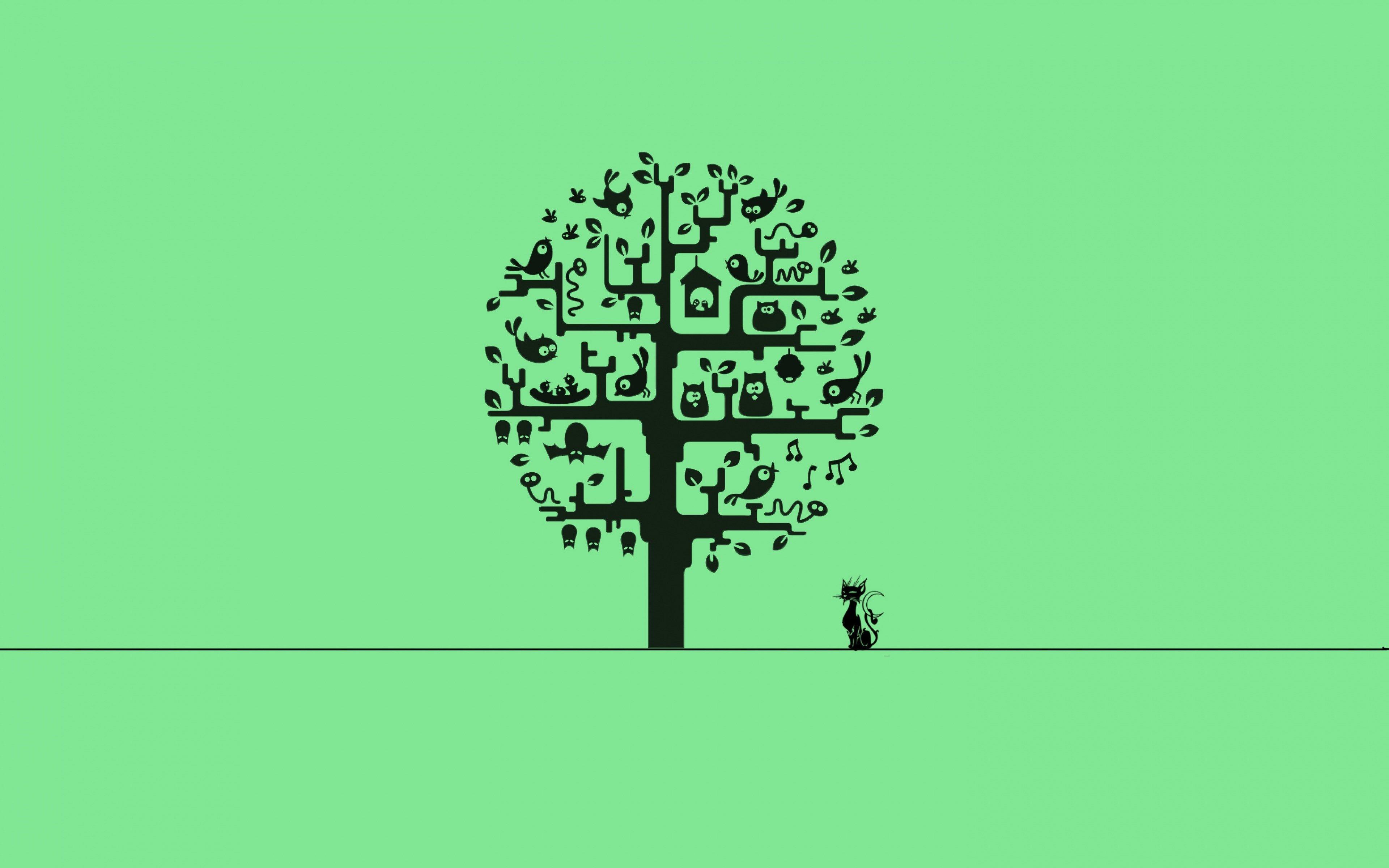 3840x2400 art vector tree cat bird minimalism wallpaper HD. Tree