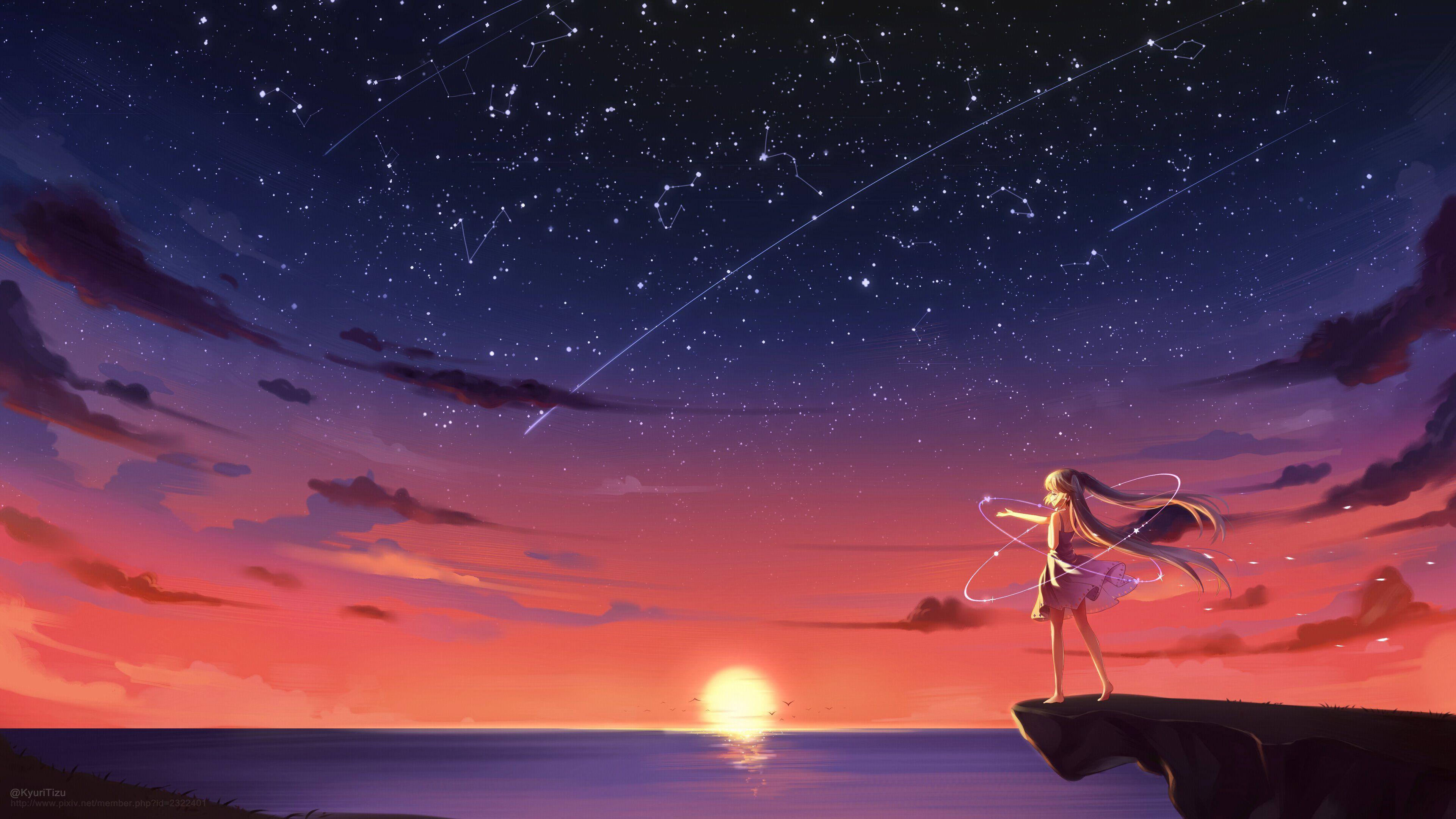 School Girls Anime Flying Night Sky Sunset 4K Wallpaper #6.2587