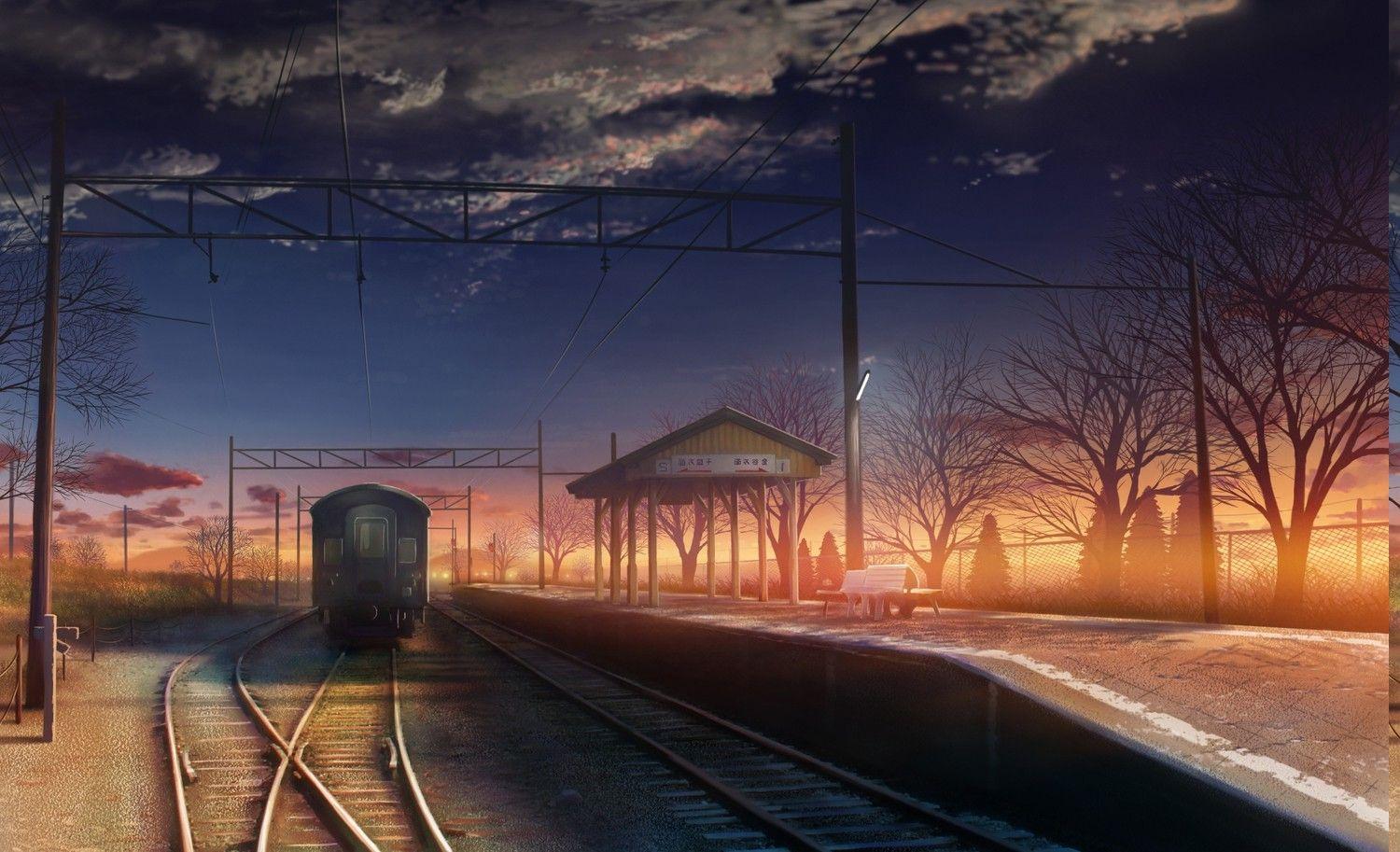 Street posts, anime, train station, power lines, clouds HD wallpaper |  Wallpaper Flare