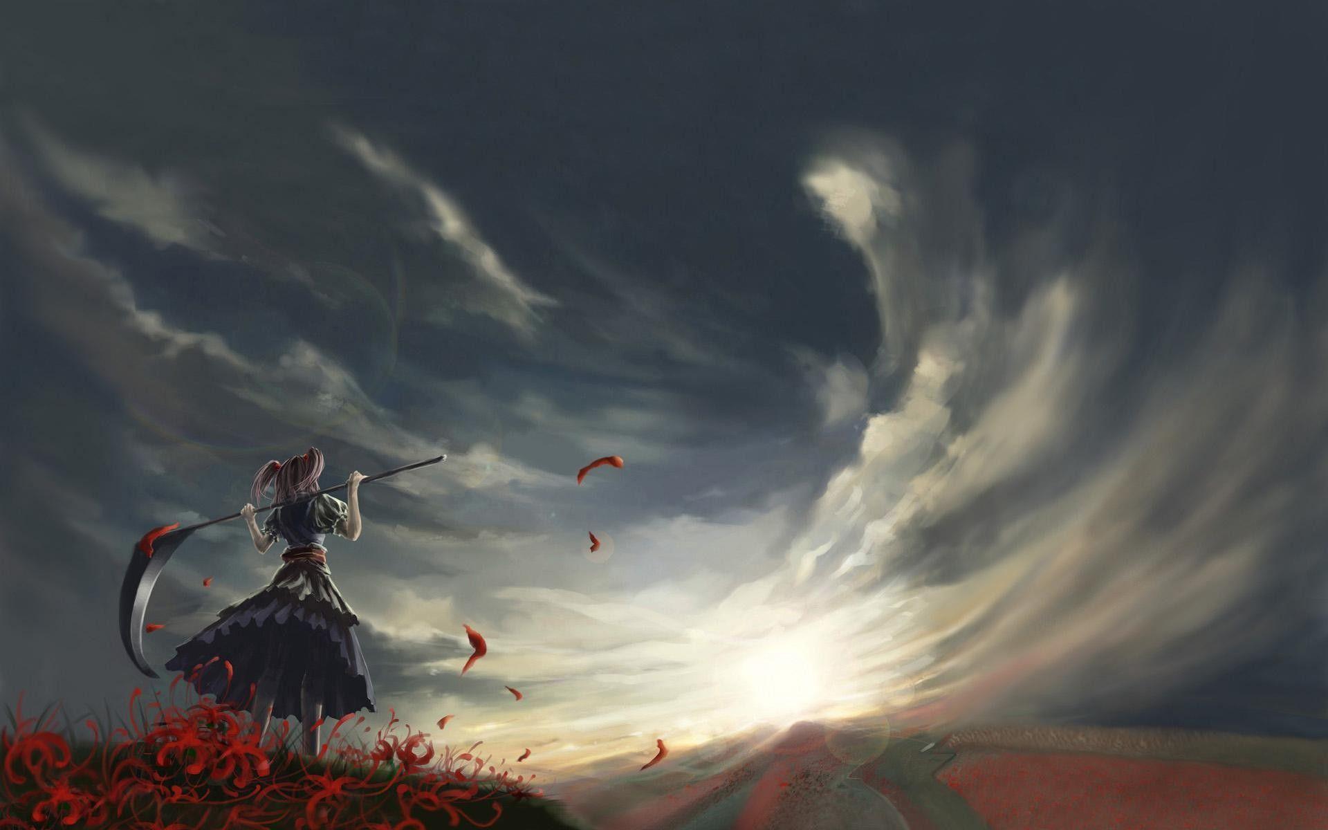 1920x1200 #sky, #Gir, #field, #dress, #anime girls, #clouds