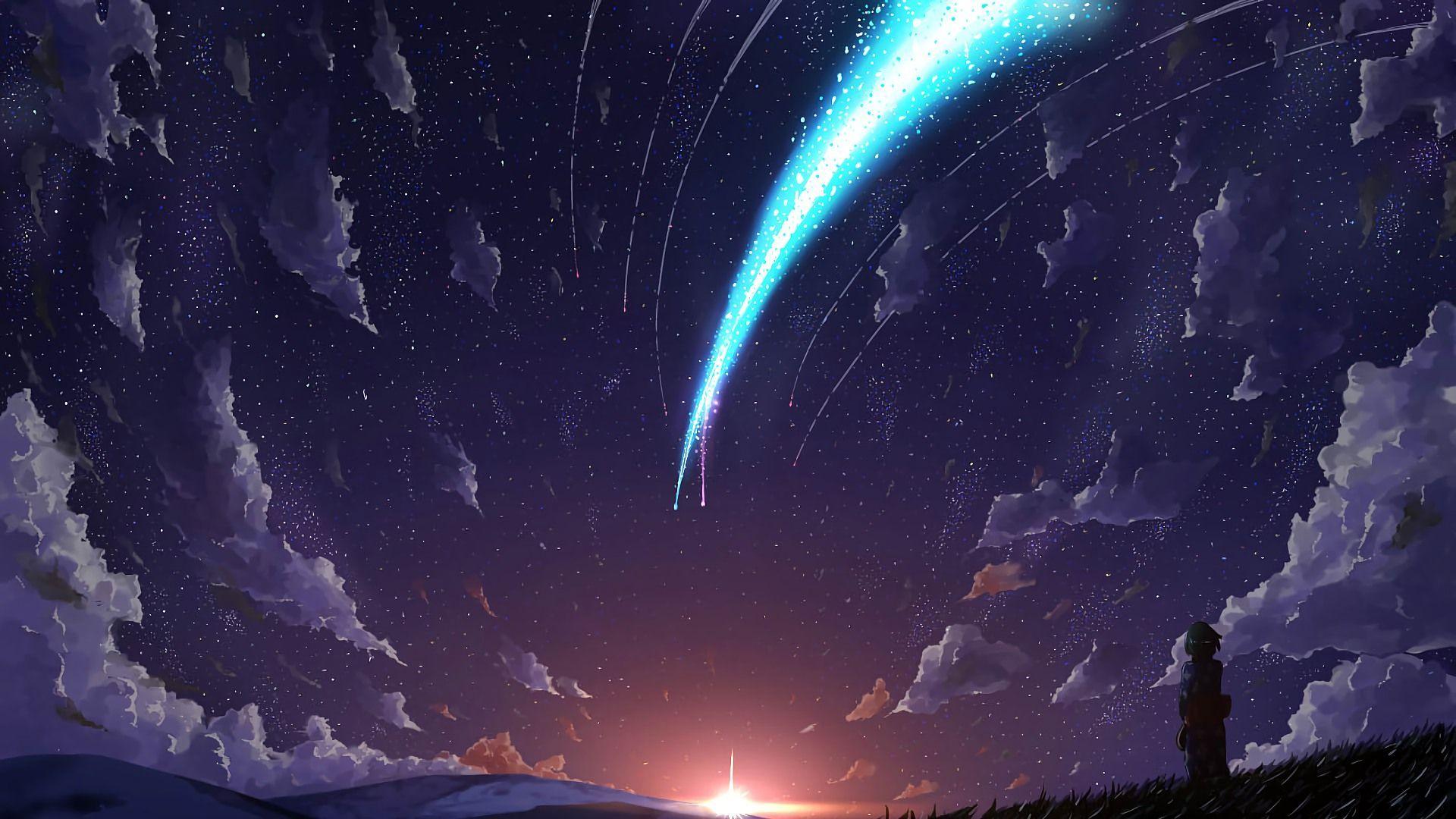 1920x1080 Your Name. Sunrise Sky Comet Clouds Stars Anime Scenery
