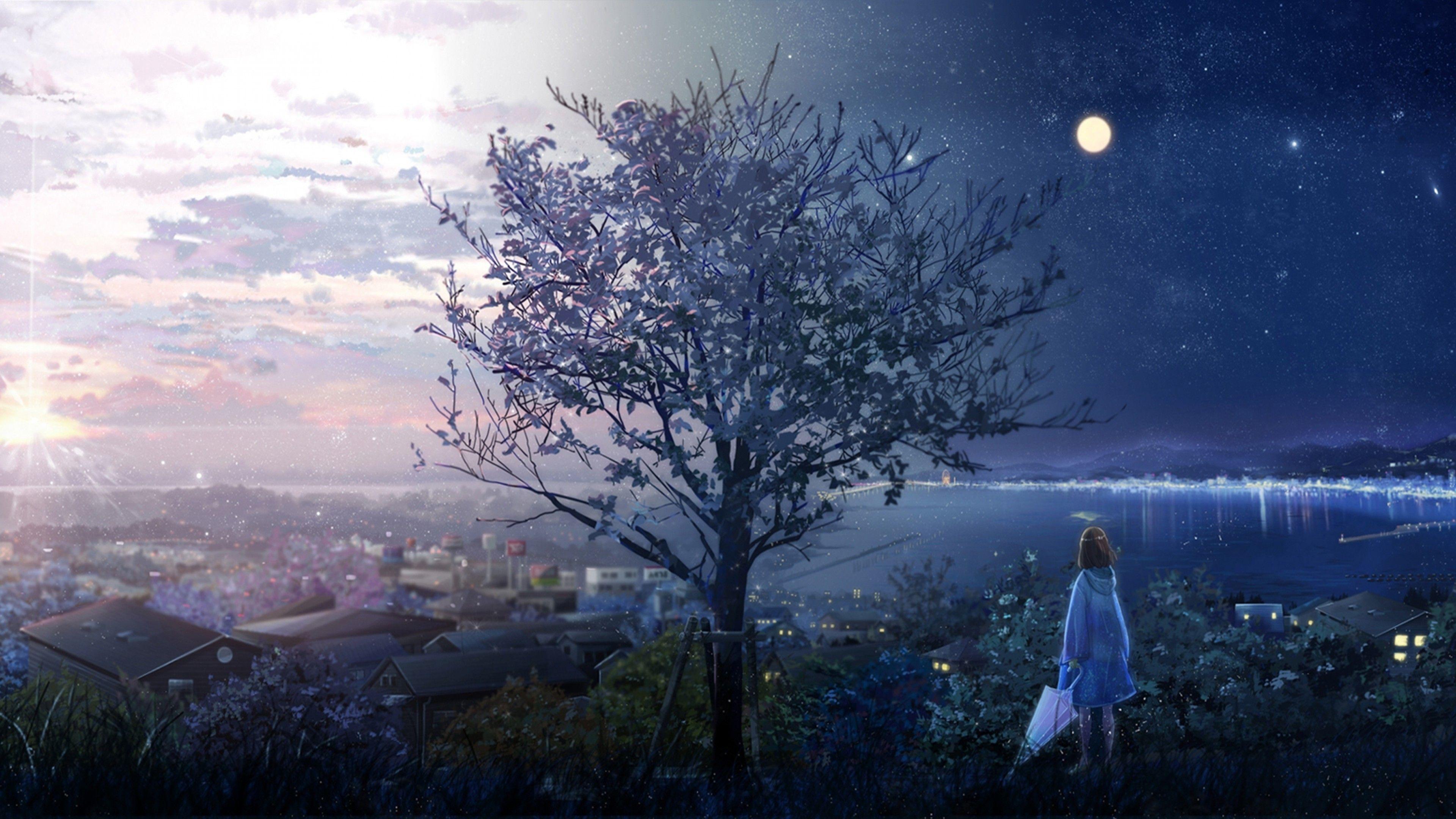 3840x2160 Download 3840x2160 Anime Girl, Lonely Tree, Moon, Stars