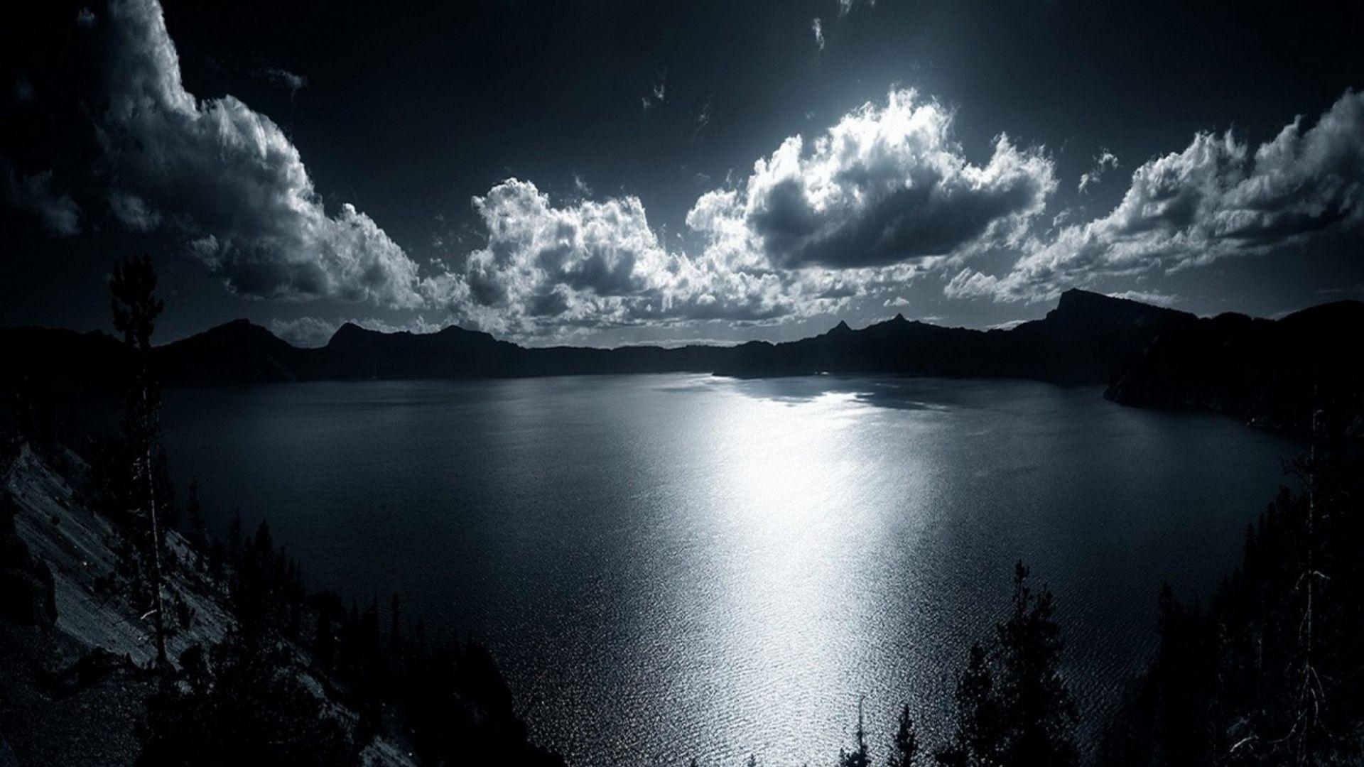 1920x1080 sky, Clouds, Night, Moonlight, Moon, Glow, Silhouette, Lakes