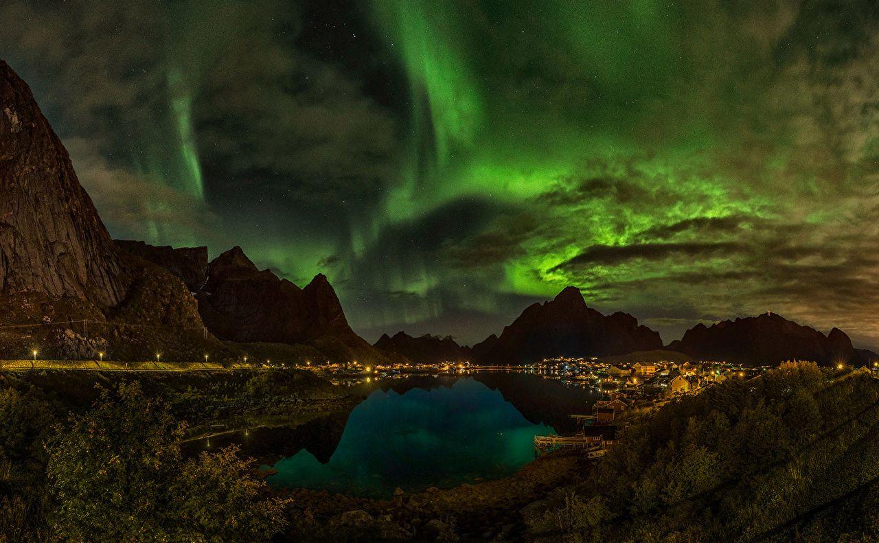 1280x791 Desktop Wallpaper Norway Reine polar light Nature mountain Sky Lake