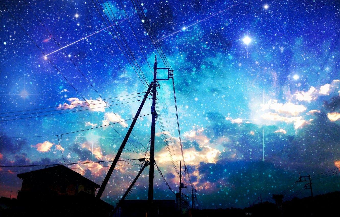 1332x850 Wallpaper the sky, stars, clouds, the city, sunrise, posts
