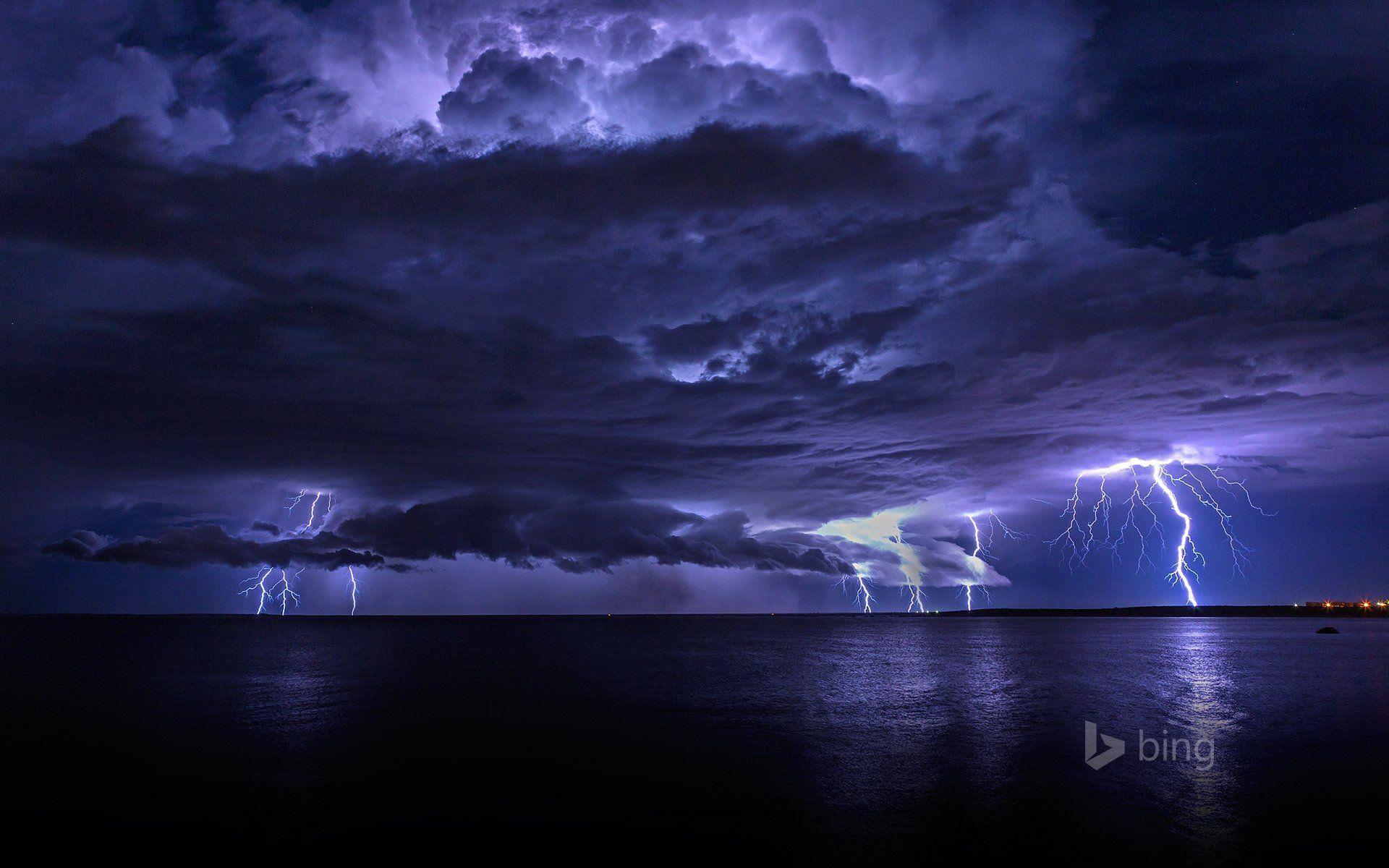 1920x1200 Night sea ocean lightning sky clouds wallpaper