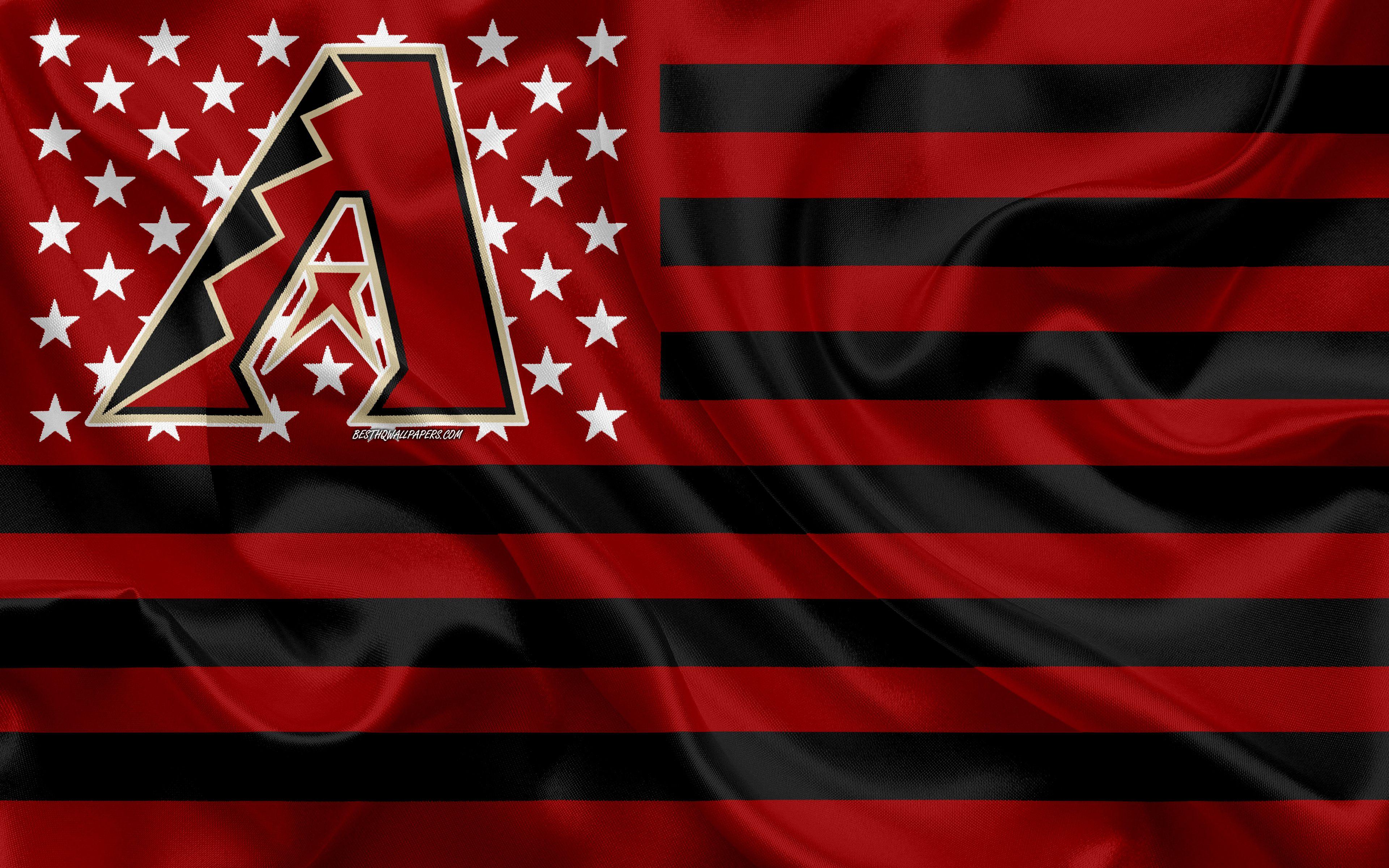3840x2400 Download wallpaper Arizona Diamondbacks, American baseball club, American creative flag, black and red flag, MLB, Phoenix, Arizona, USA, emblem, Major League Baseball, silk flag, baseball for desktop with resolution 3840x2400. High Quality