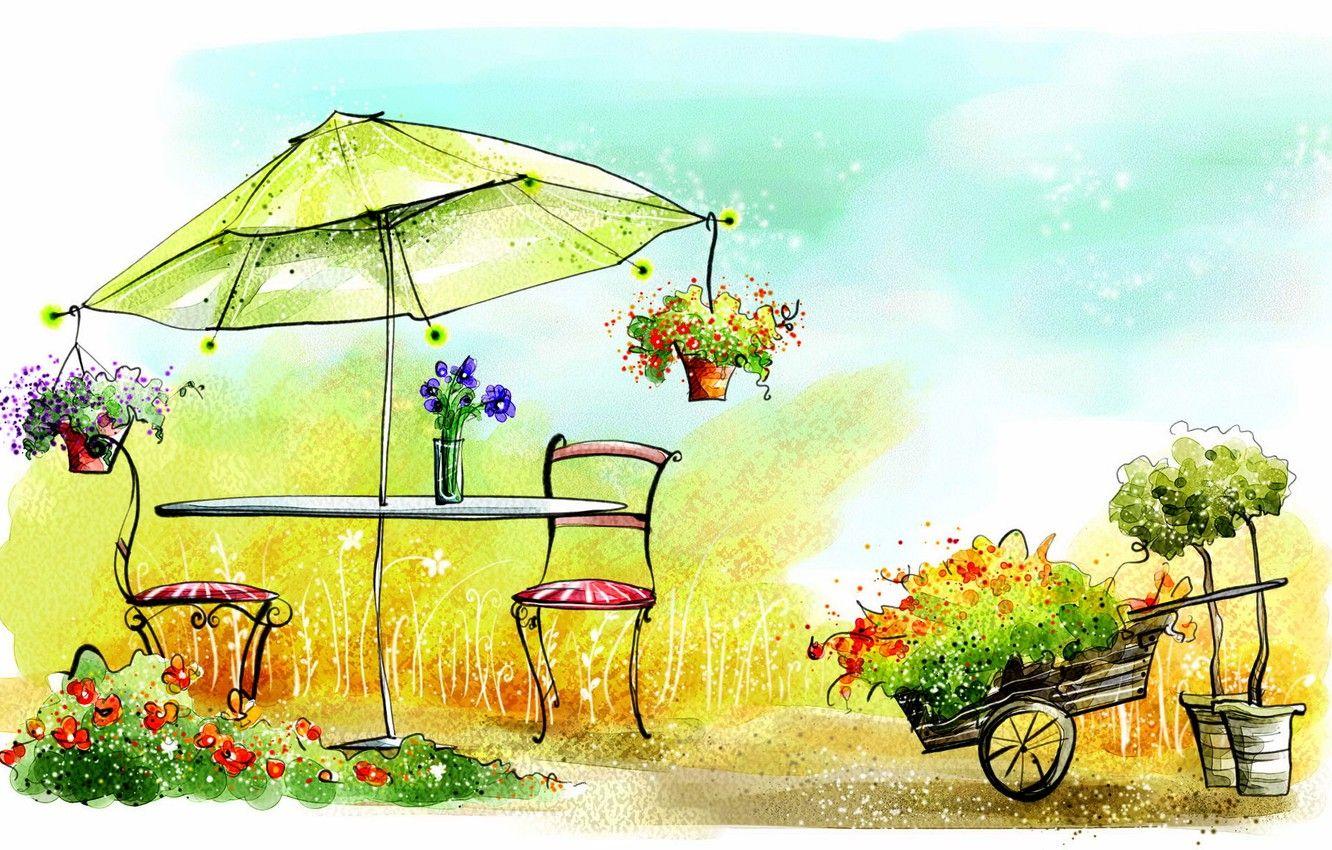 1332x850 Wallpaper umbrella, watercolor, chair, green, painting, veranda, Wallpaper for desktop image for desktop, section живопись