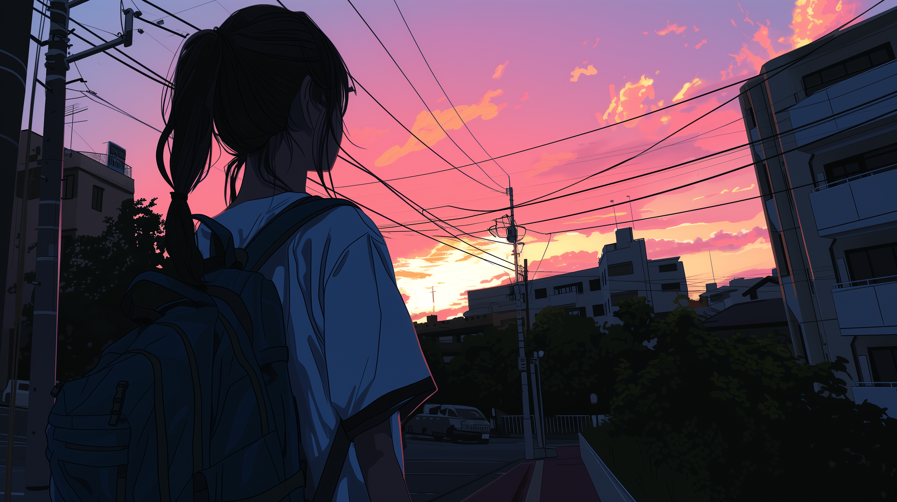2912x1632 Lofi Sunset Anime Style HD Wallpaper