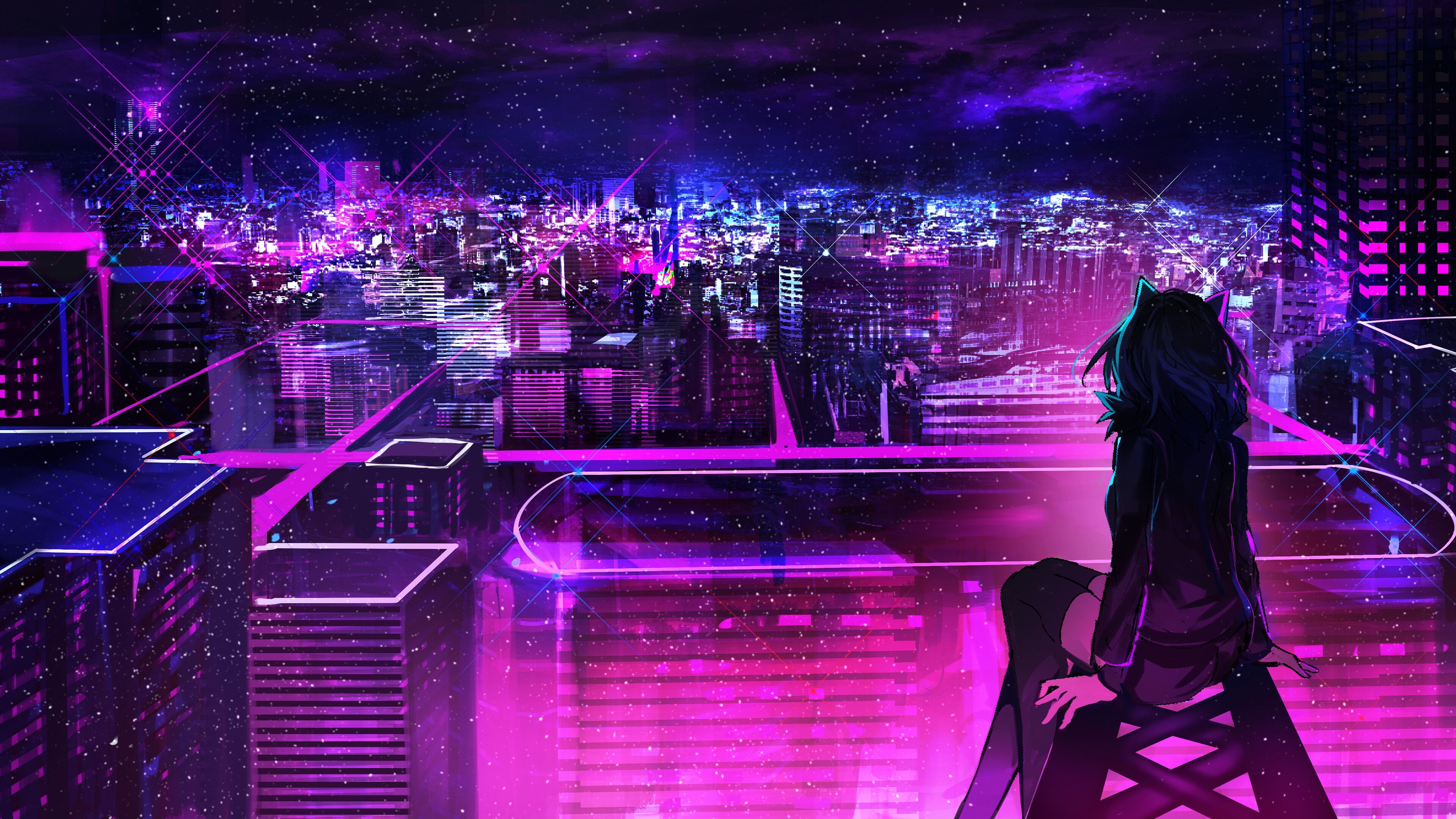 3840x2160 Purple Anime City Wallpaper
