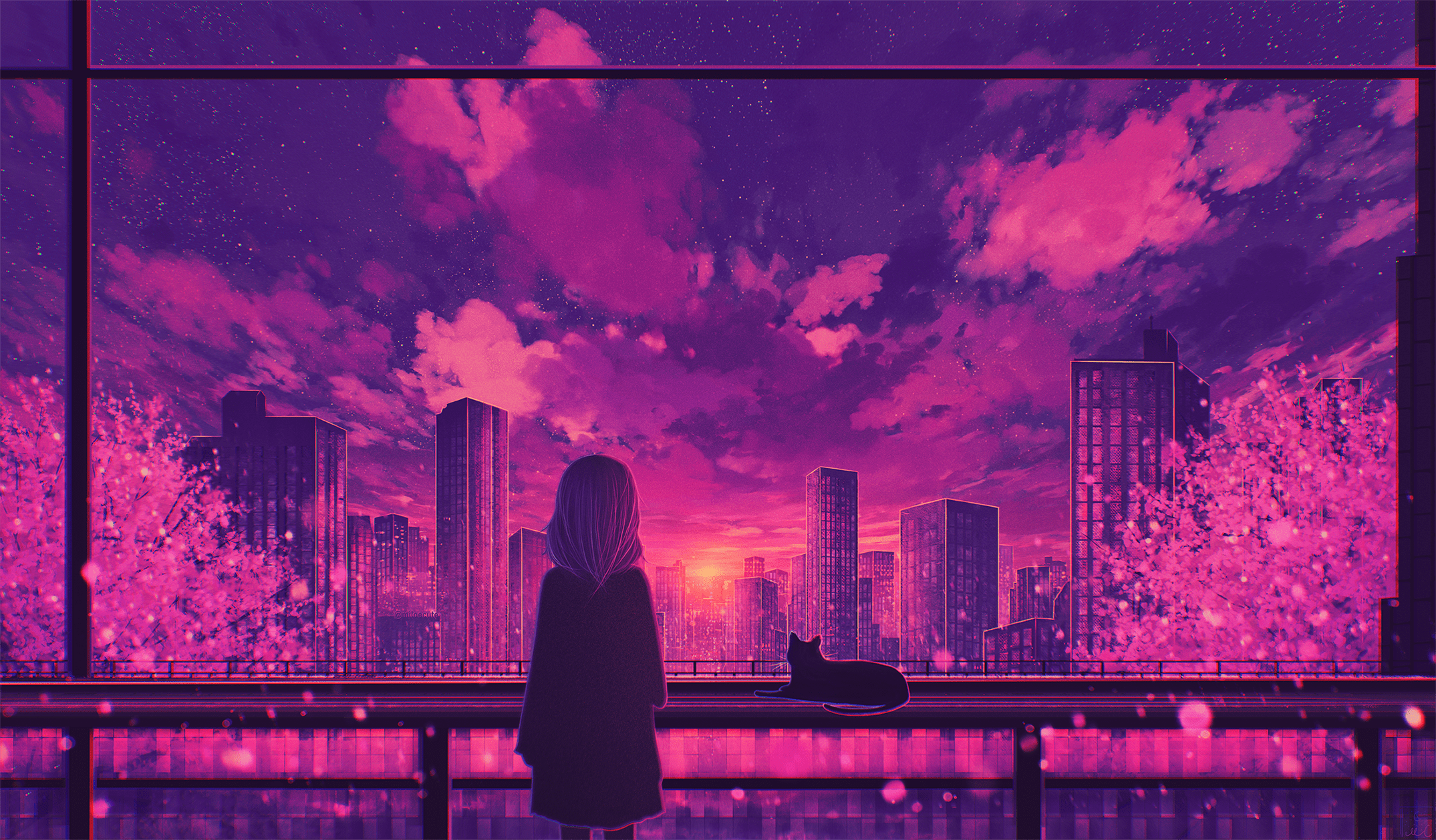 2149x1258 Purple Anime City Wallpaper