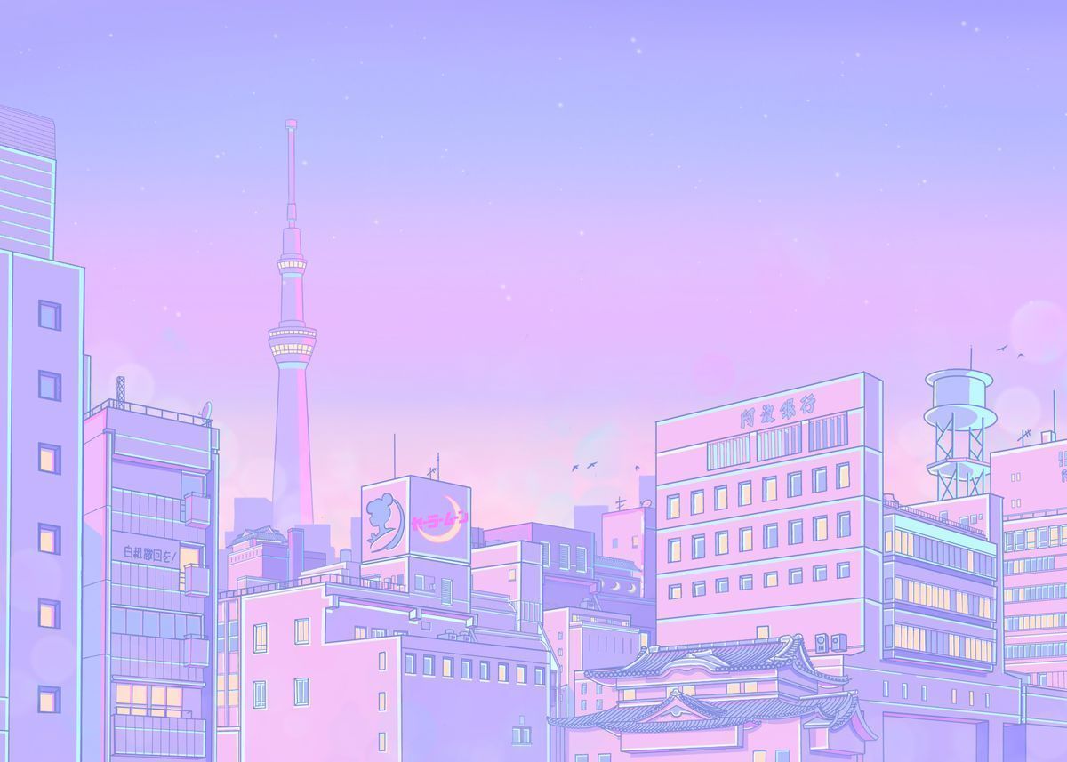 1200x857 Purple Anime City Wallpaper