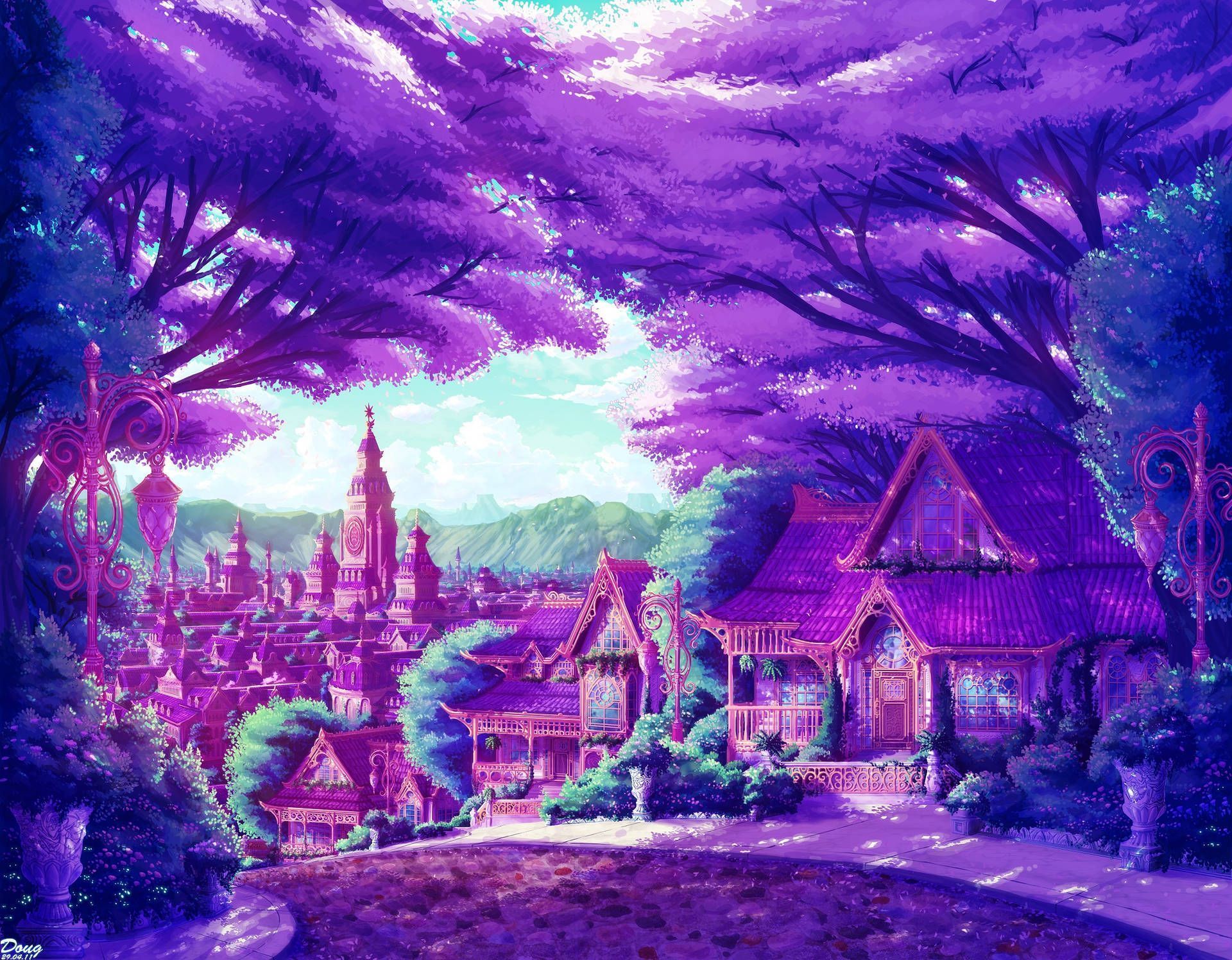 1920x1496 Download free Purple Anime City Artwork