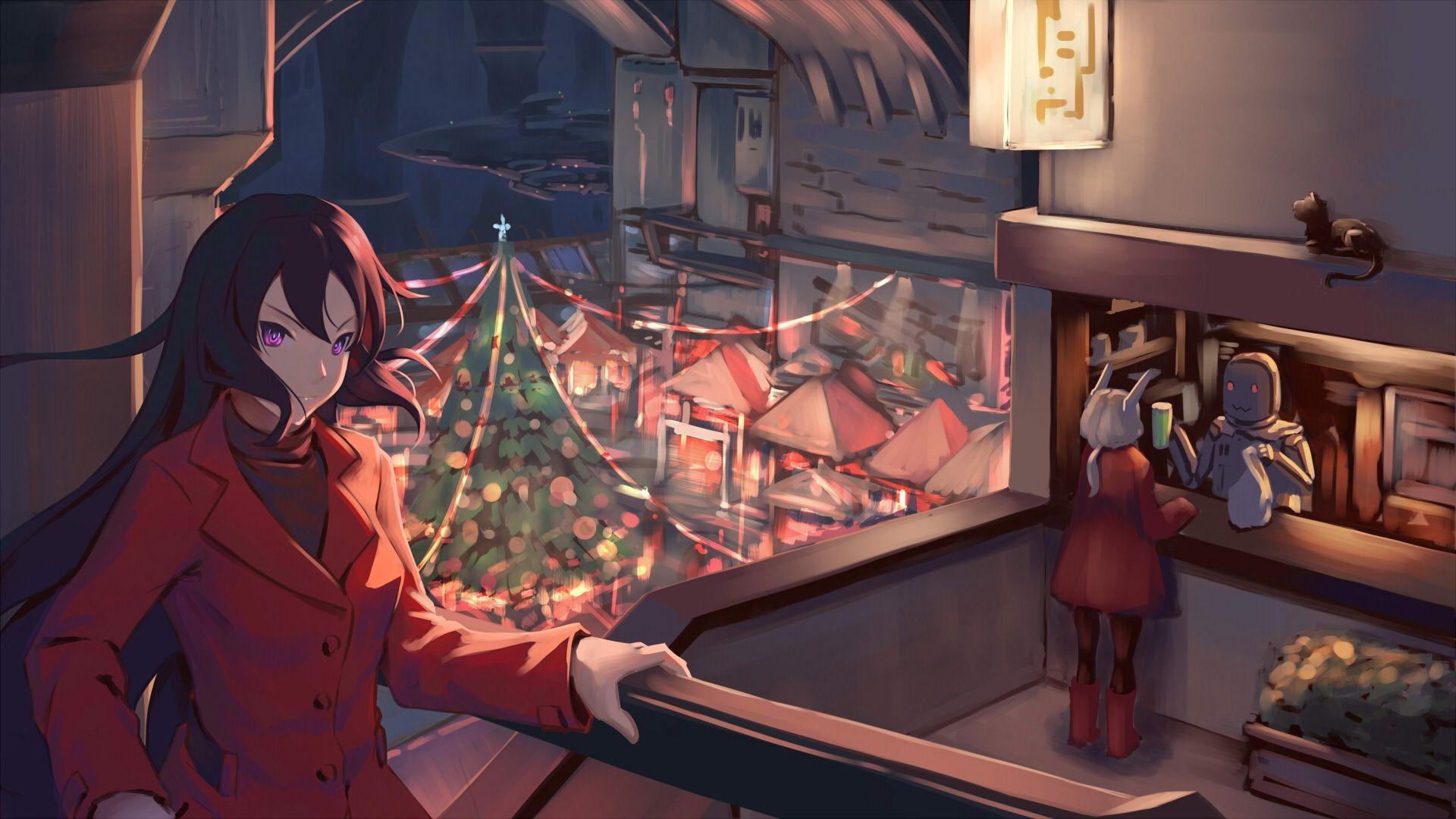 1920x1080 Download 1920x1080 Christmas Tree, Anime Girl, Long Hair