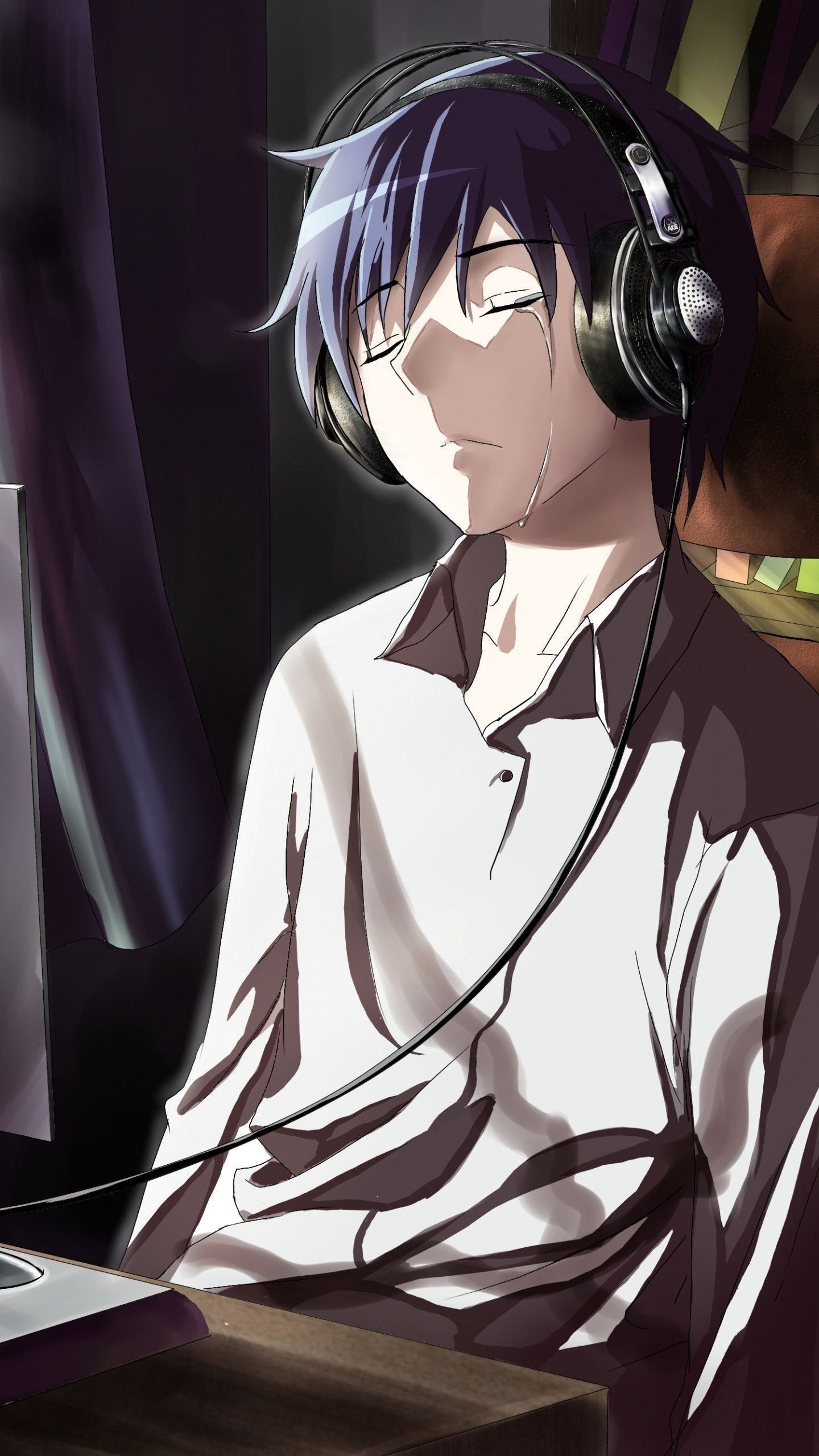 1440x2560 Anime Sad Boy Listening Music Wallpaper