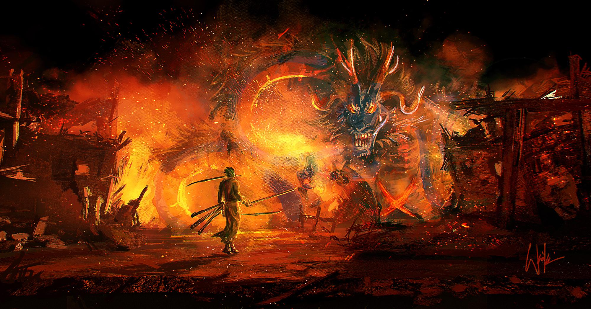 2000x1047 Zoro vs Kaido digital painting
