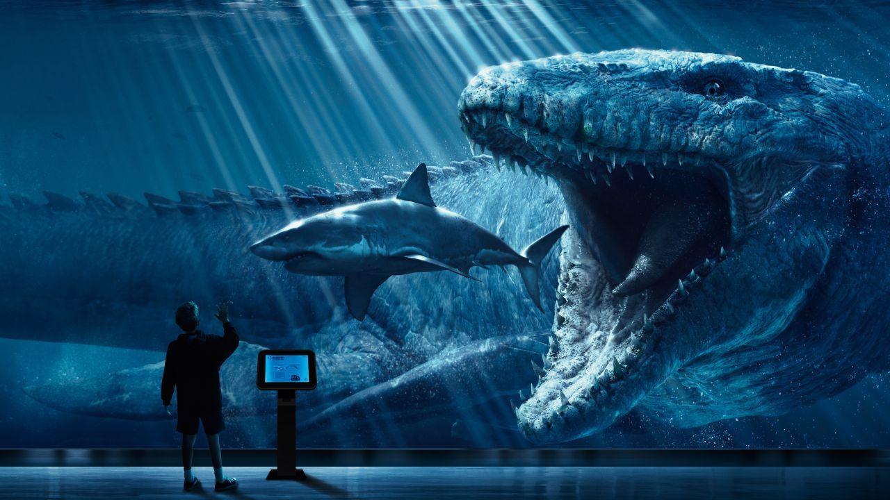 1280x720 Wallpaper Jurassic World, Mosasaurus, Underwater, 4K, 8K