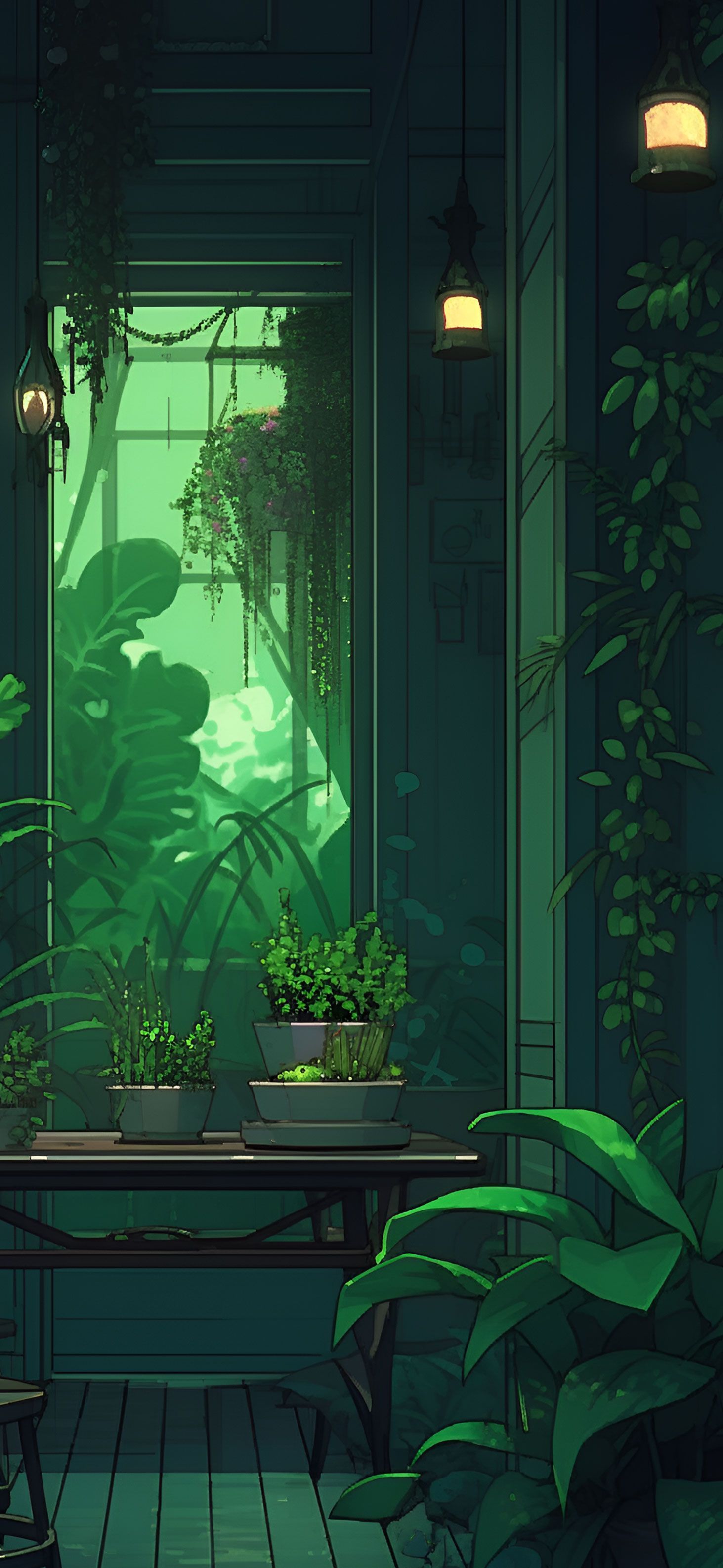 1463x3171 Cozy Green Room Aesthetic Wallpaper