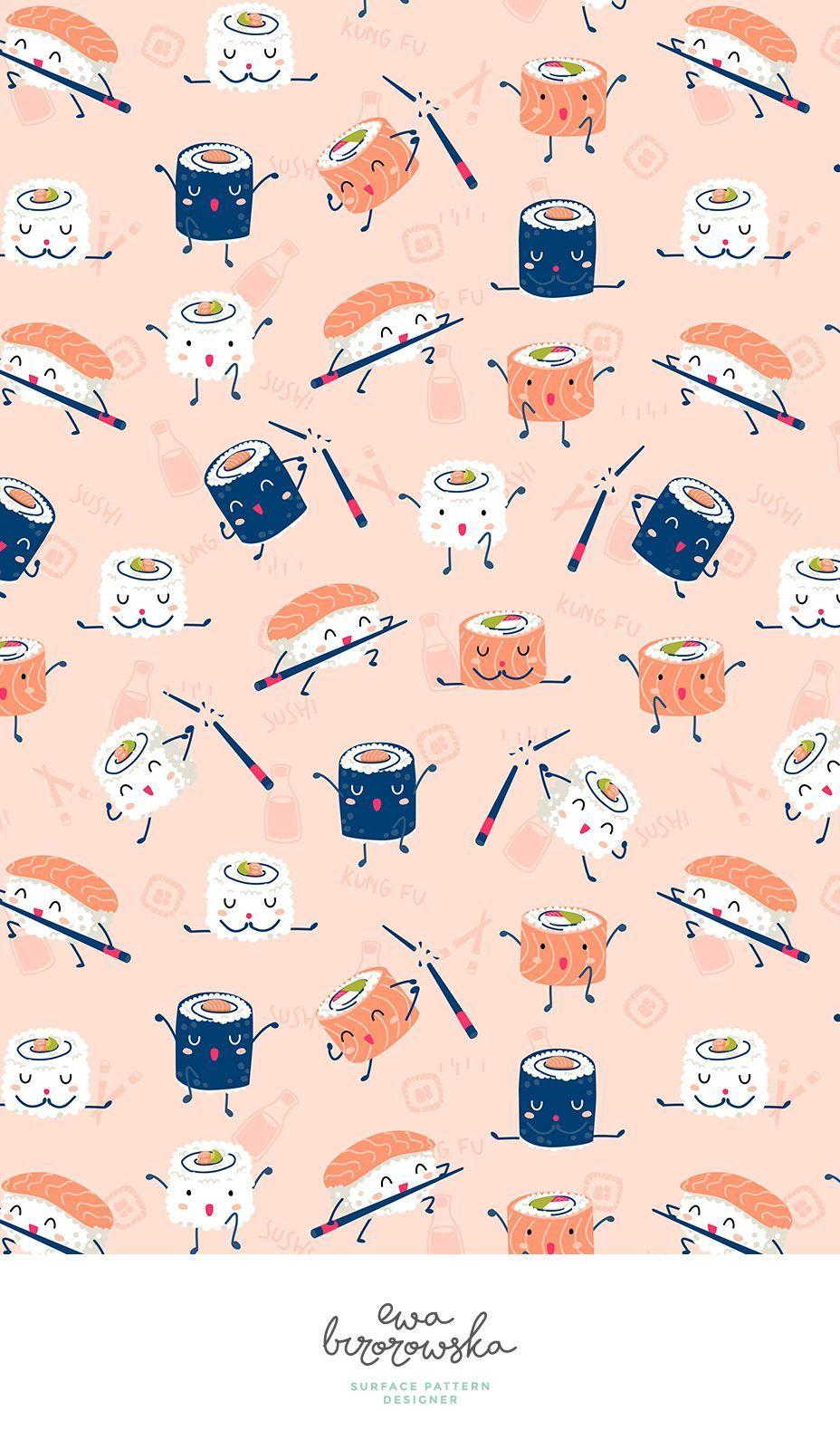 928x1600 Kawaii Kung Fu Sushi Pattern Design In Coral Color Palette