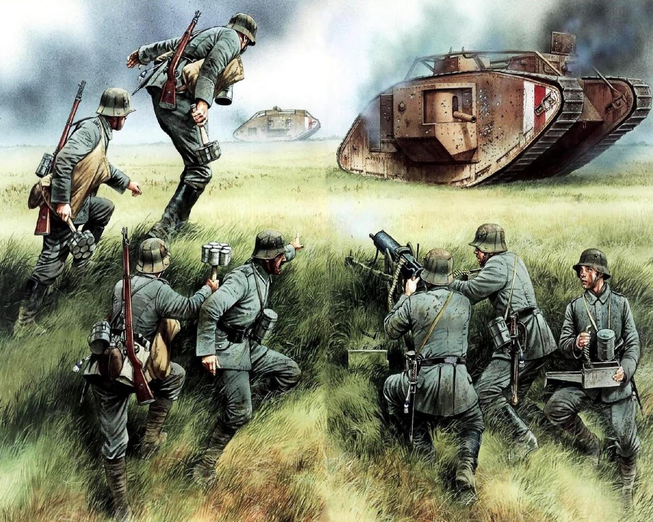 1280x1024 Picture Tanks Soldiers Amiens 1918 German tank buster Painting Art