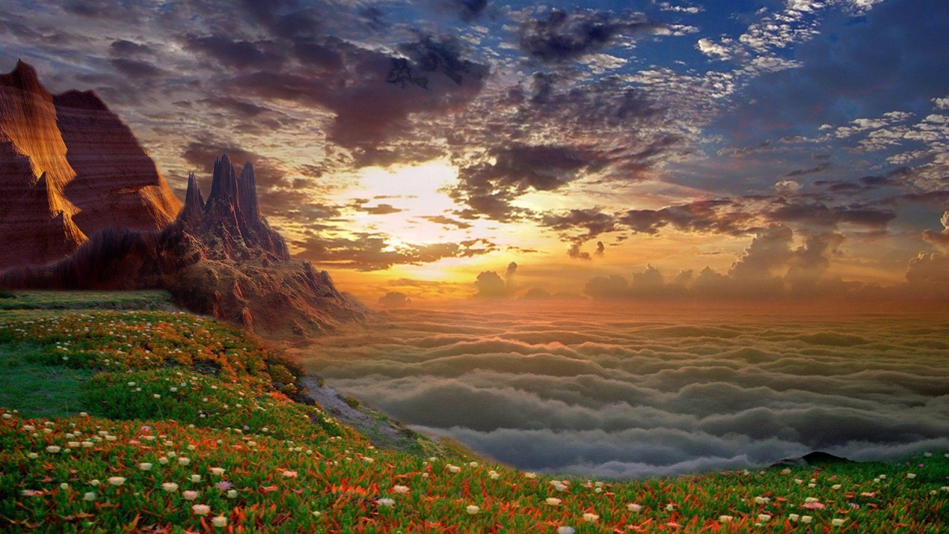 1920x1080 Mountains: Sunset Nature Flower Heaven Mount Partly Wallpaper