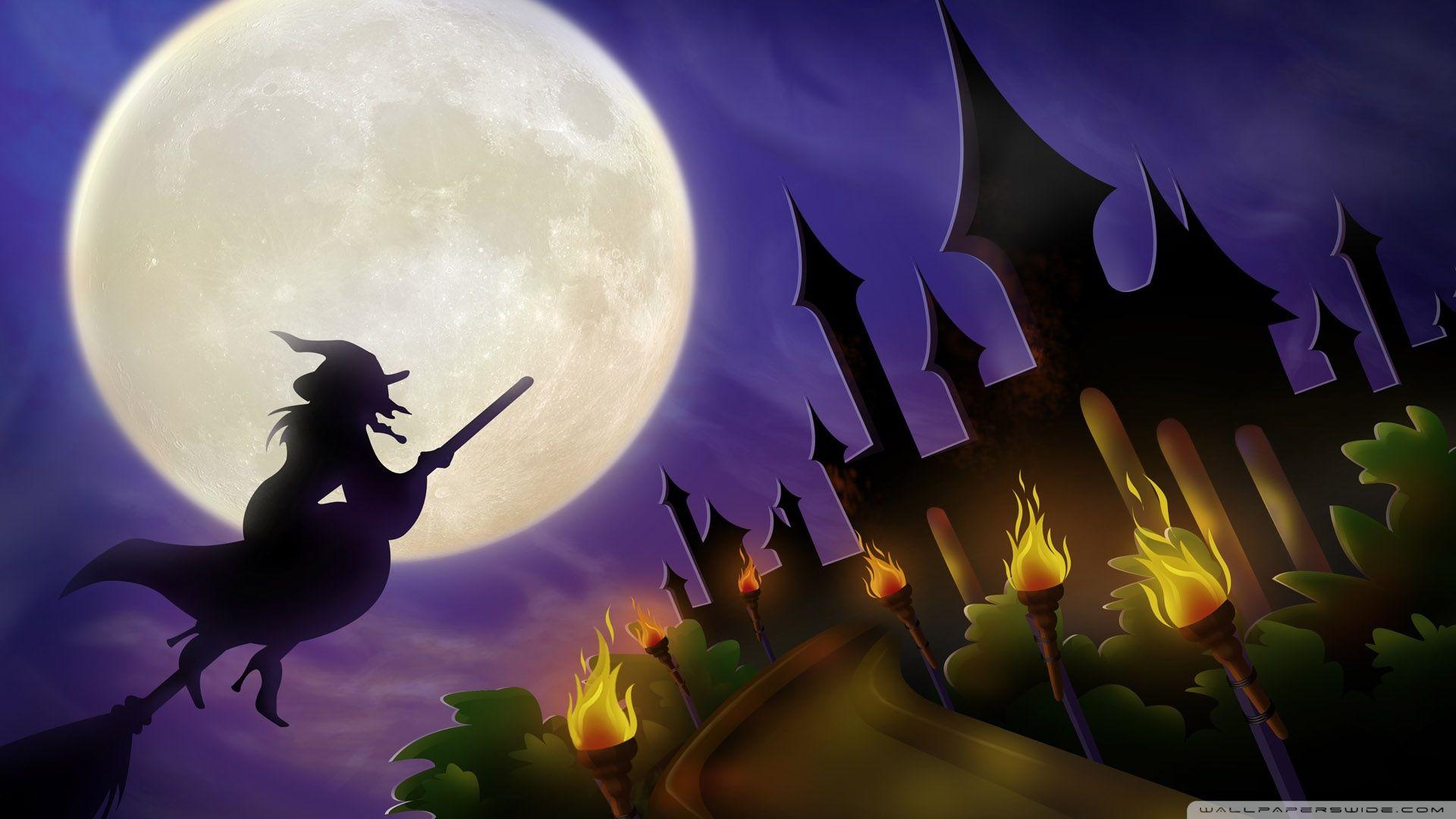 1920x1080 Witch On Broom Full Moon Hallowmas Halloween ❤ 4K HD
