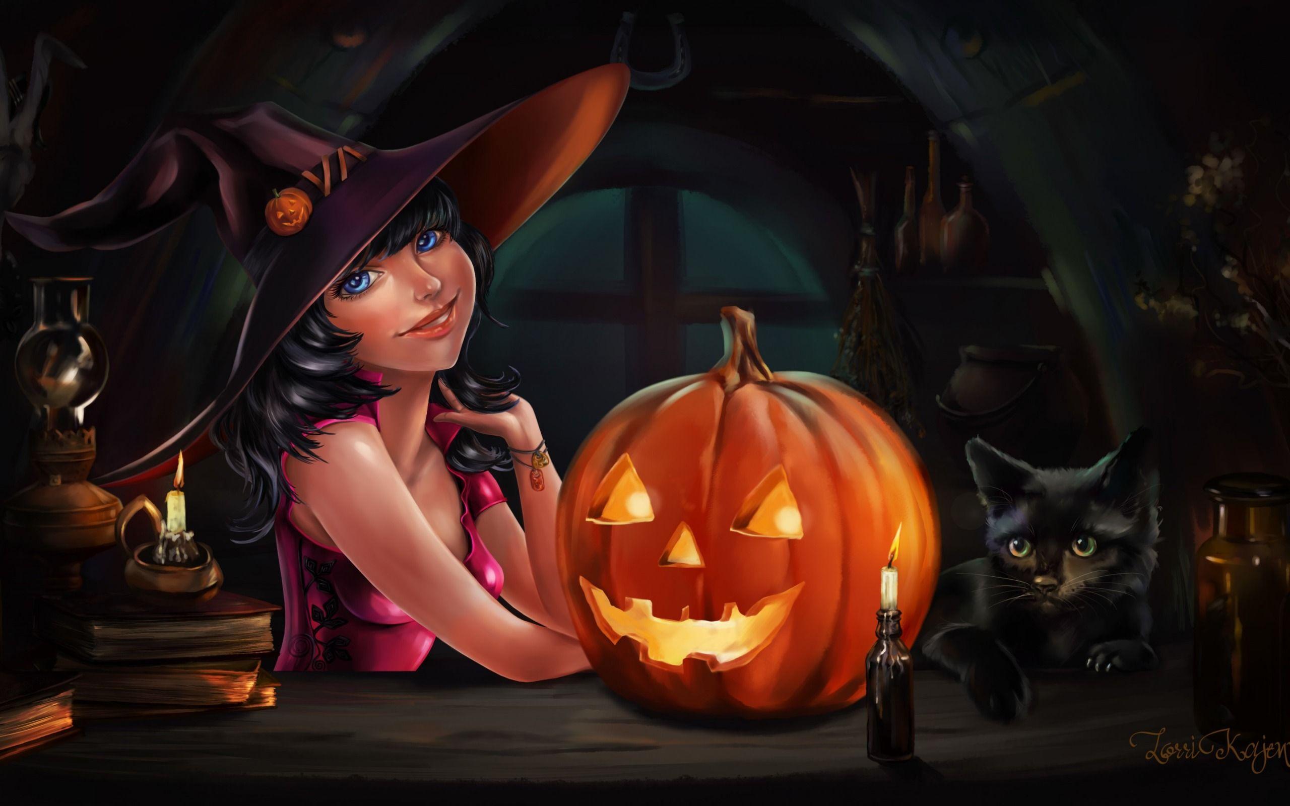 2560x1600 Halloween Girl, Carved Pumpkin, Candles burning, Black Cat