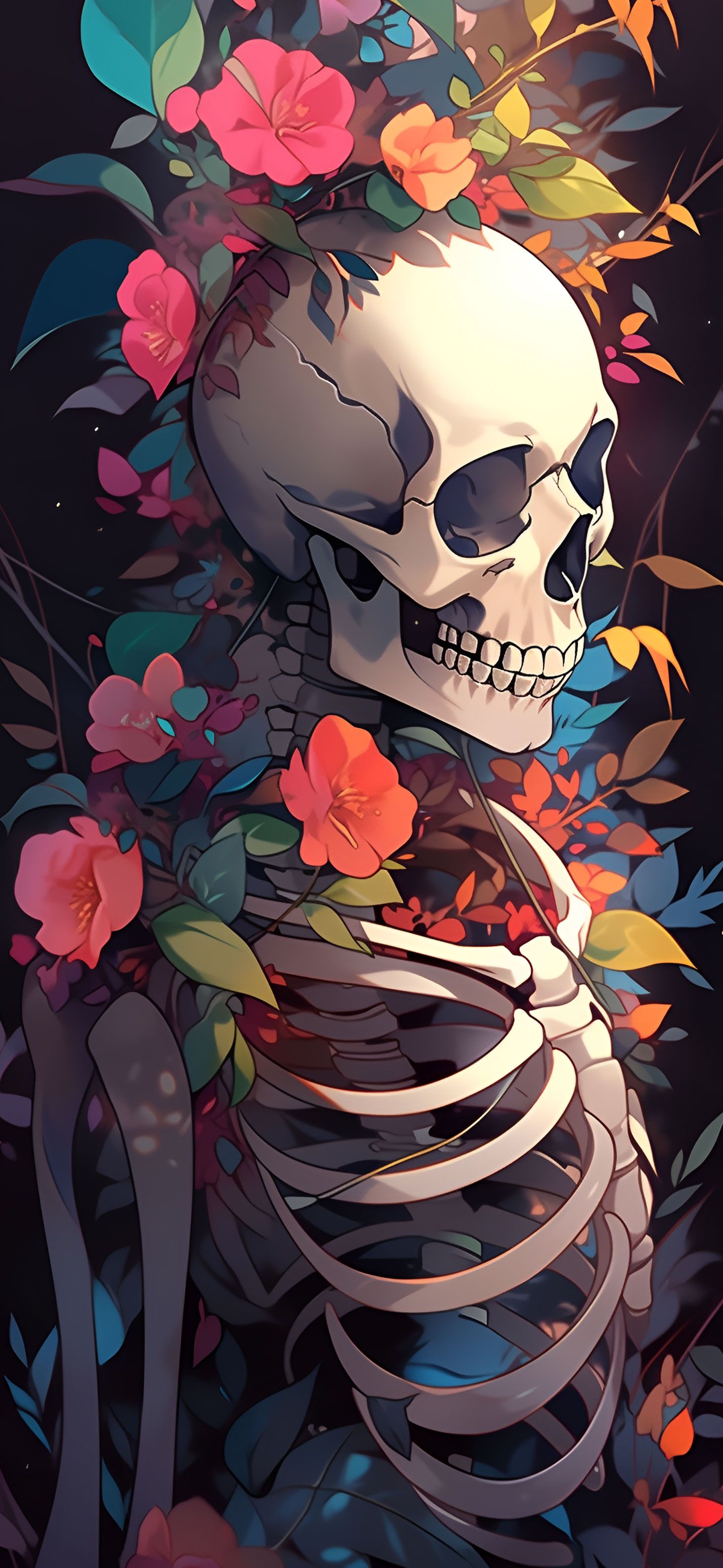 1463x3171 Halloween Skeleton & Flowers Wallpaper