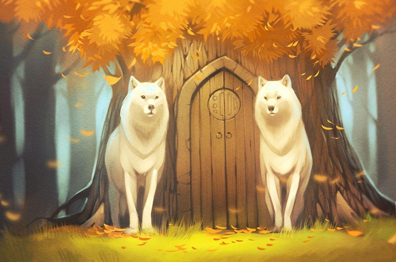 1280x849 Image wolf Two Autumn doors animal Painting Art