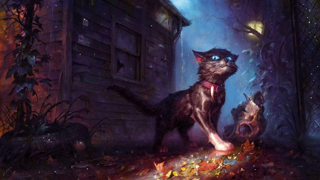 1280x720 Download 1280x720 Creepy Cat, Fantasy Pets, Raining, Autumn