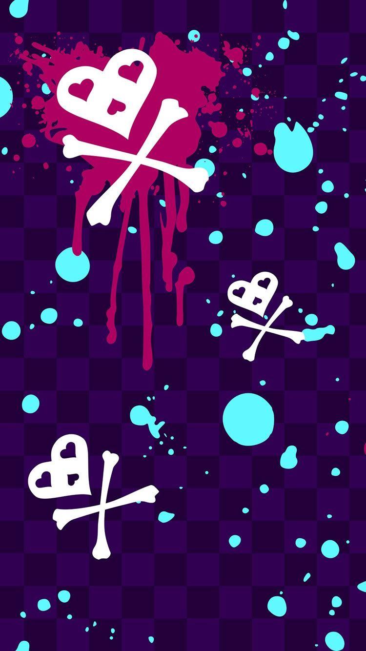 750x1334 Cool hearts scull and bones at colorful splashes background