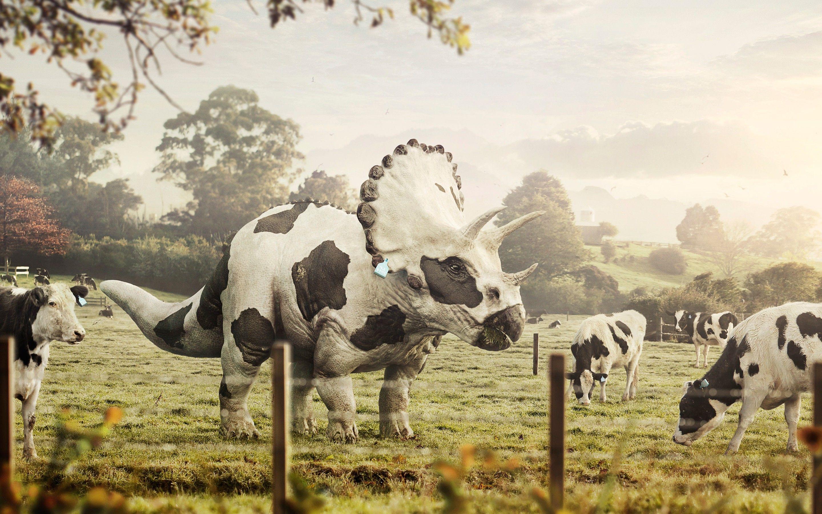 2880x1800 abduzeedo cows dinosaurs triceratops digital art