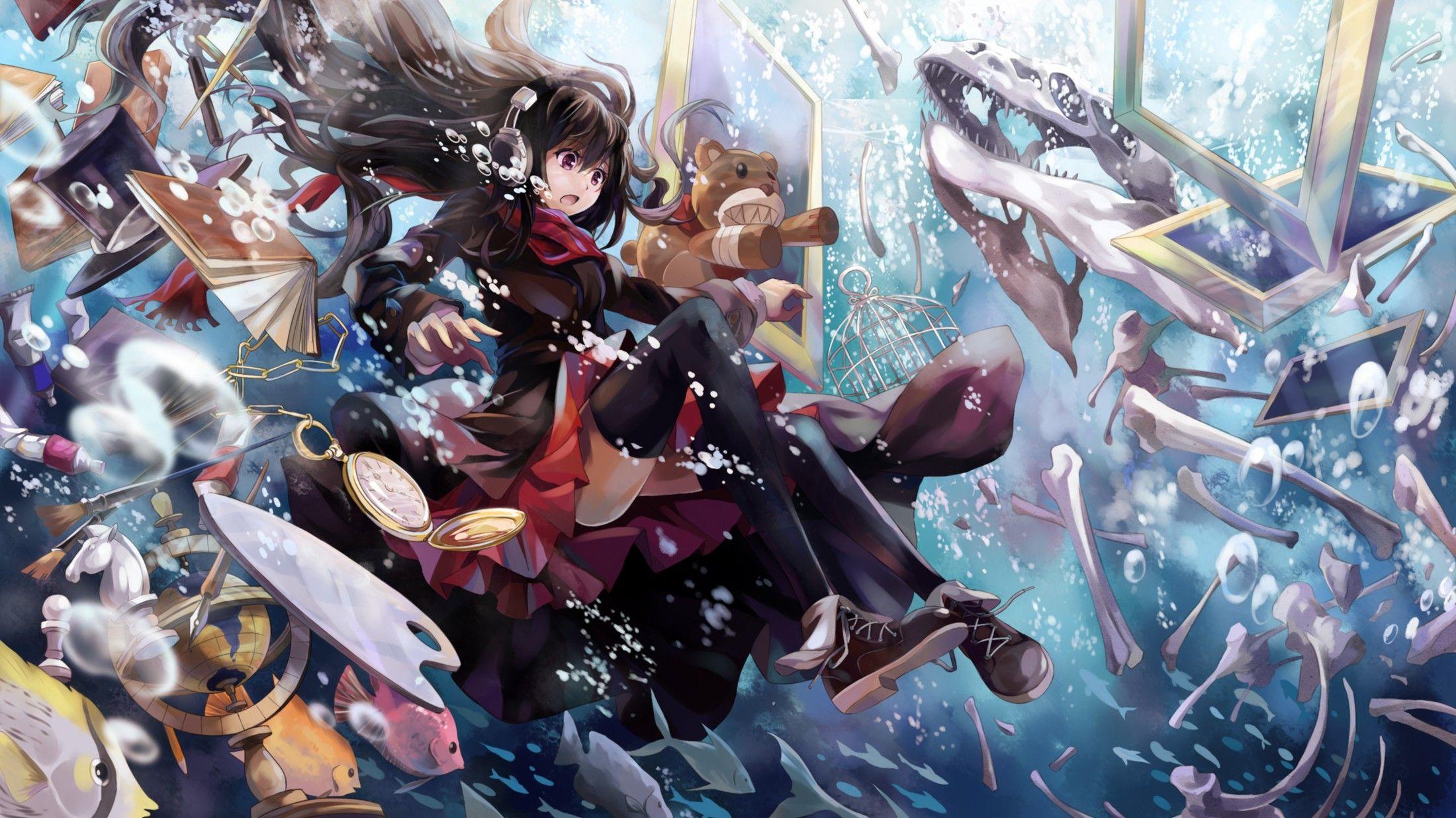 2200x1238 water, fish, skirts, long hair, books, thigh highs, bears, anime