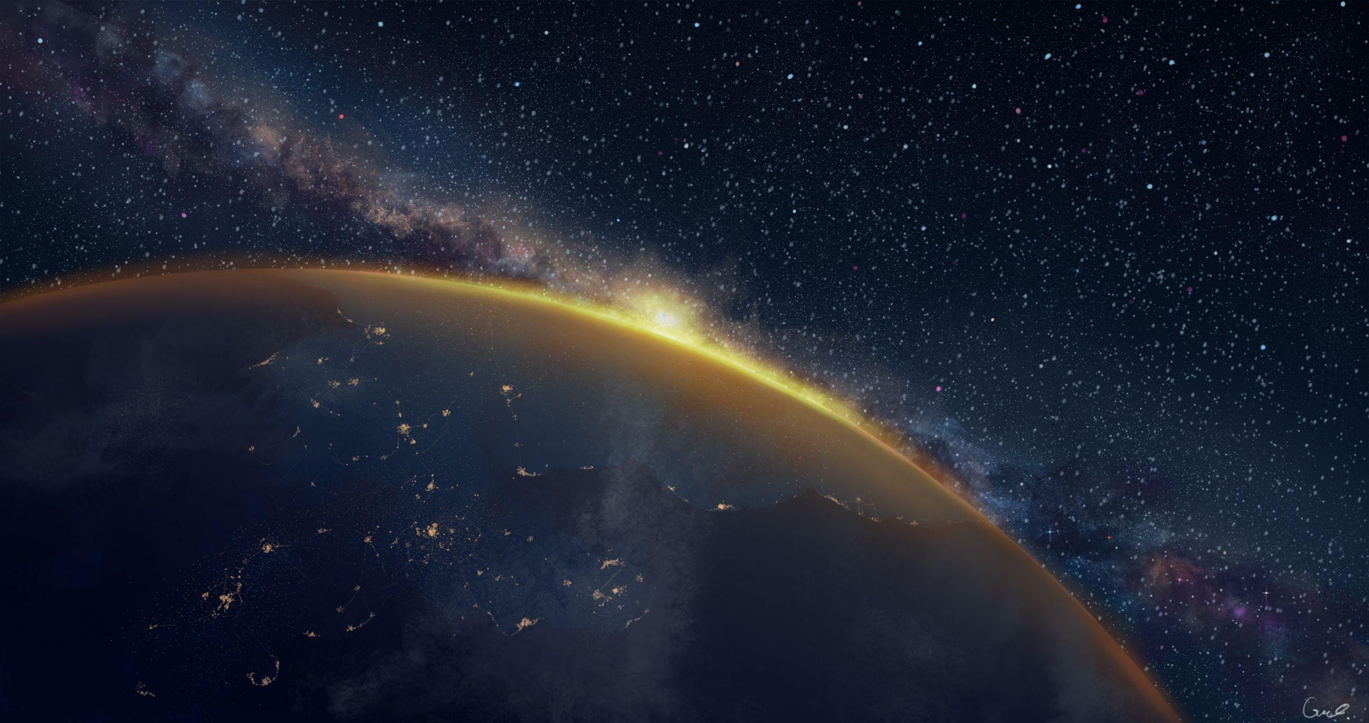 2691x1422 Download 2691x1422 Earth, Galaxy, Stars, Sunrise Wallpaper