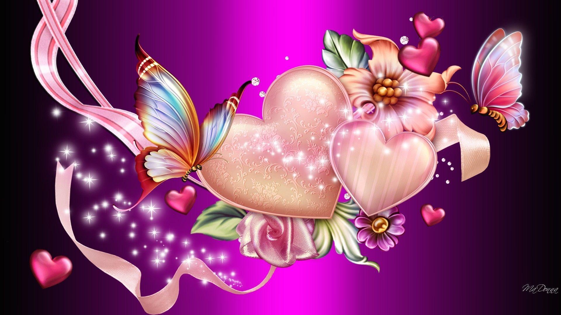 1920x1080 Heart and Flowers and Butterflies Wallpaper
