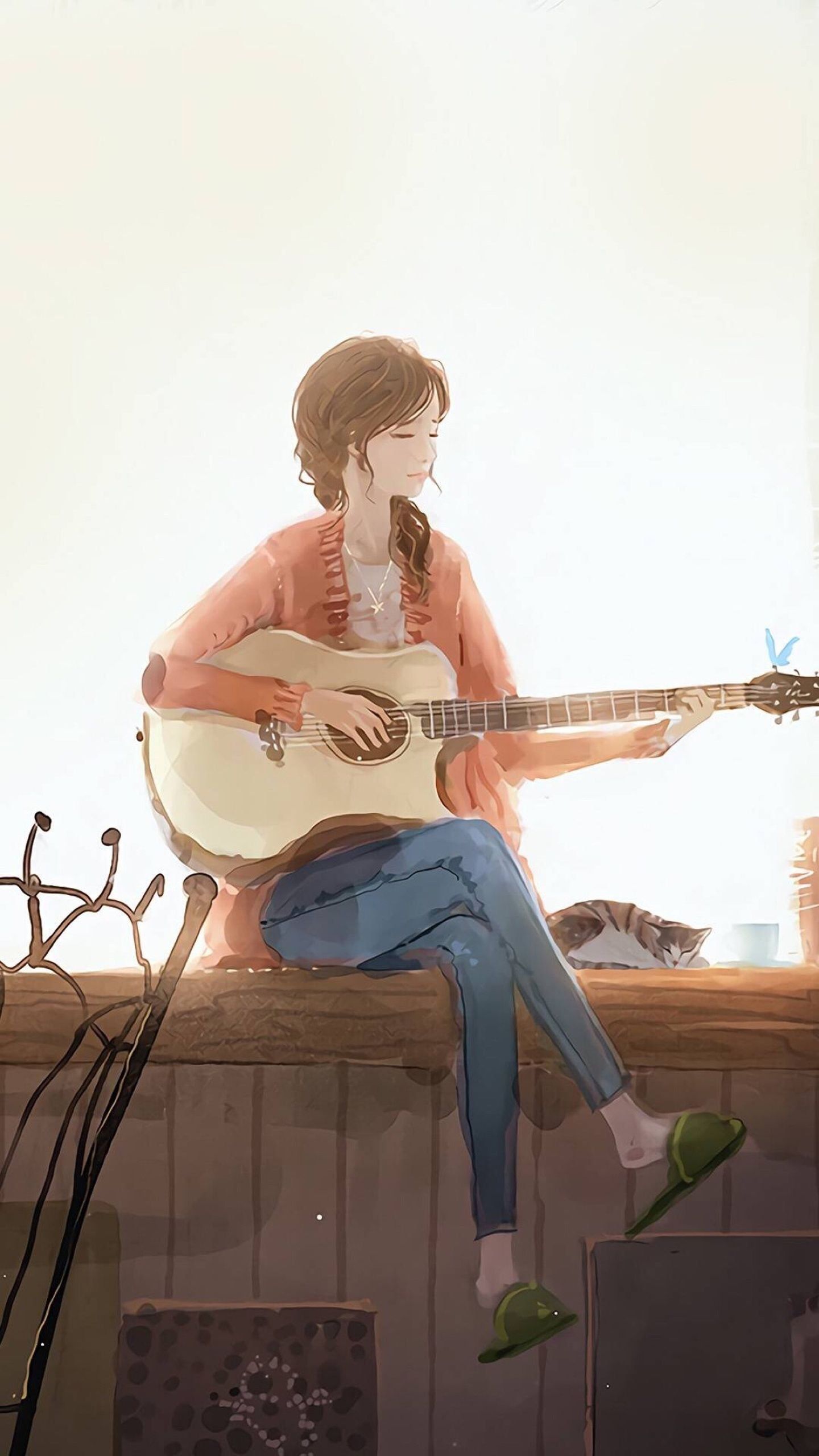 1440x2560 Anime girl playing guitar music