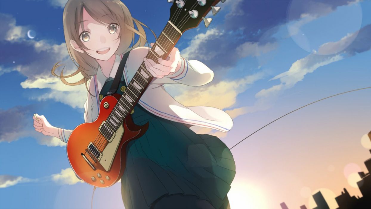 1244x700 Guitar anime girl cute cloud sky moon