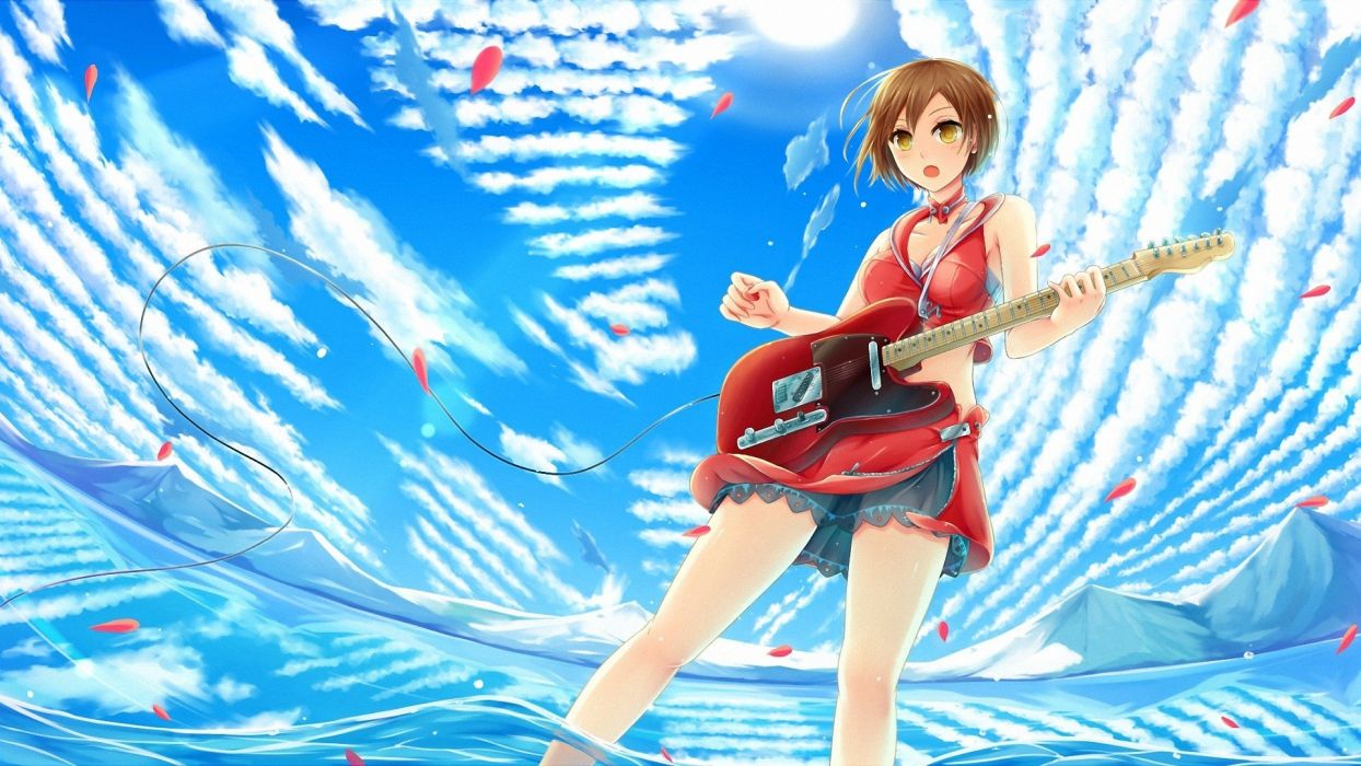 1244x700 Anime girl red dress sing guitar